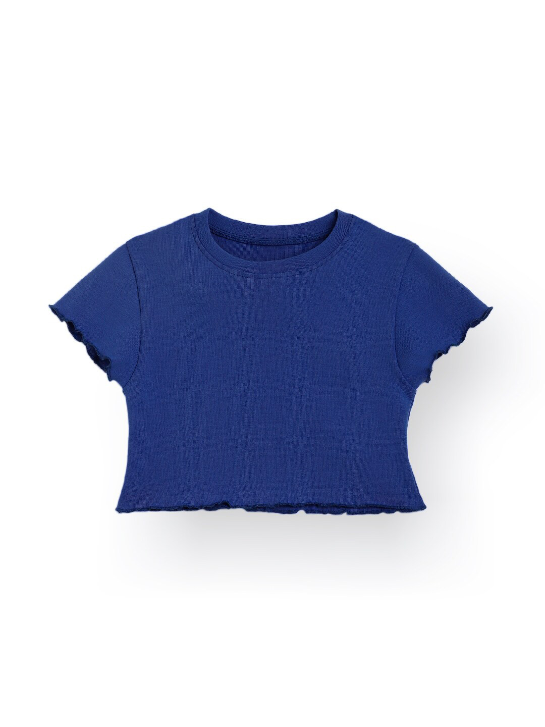 

Anthrilo Girl Self Design Round Neck Short Sleeves Boxy Crop Top, Blue