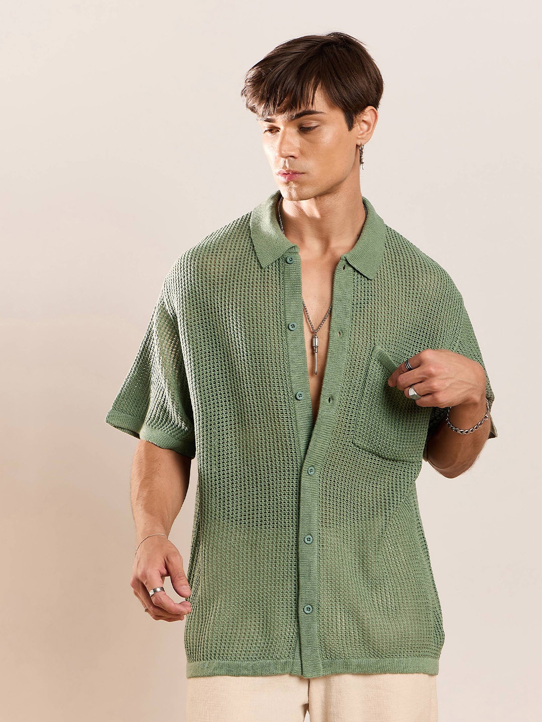 

MASCLN SASSAFRAS Relaxed Spread Collar Striped Casual Shirt, Green