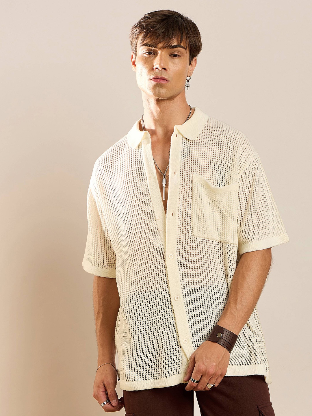 

MASCLN SASSAFRAS Relaxed Spread Collar Striped Casual Shirt, White