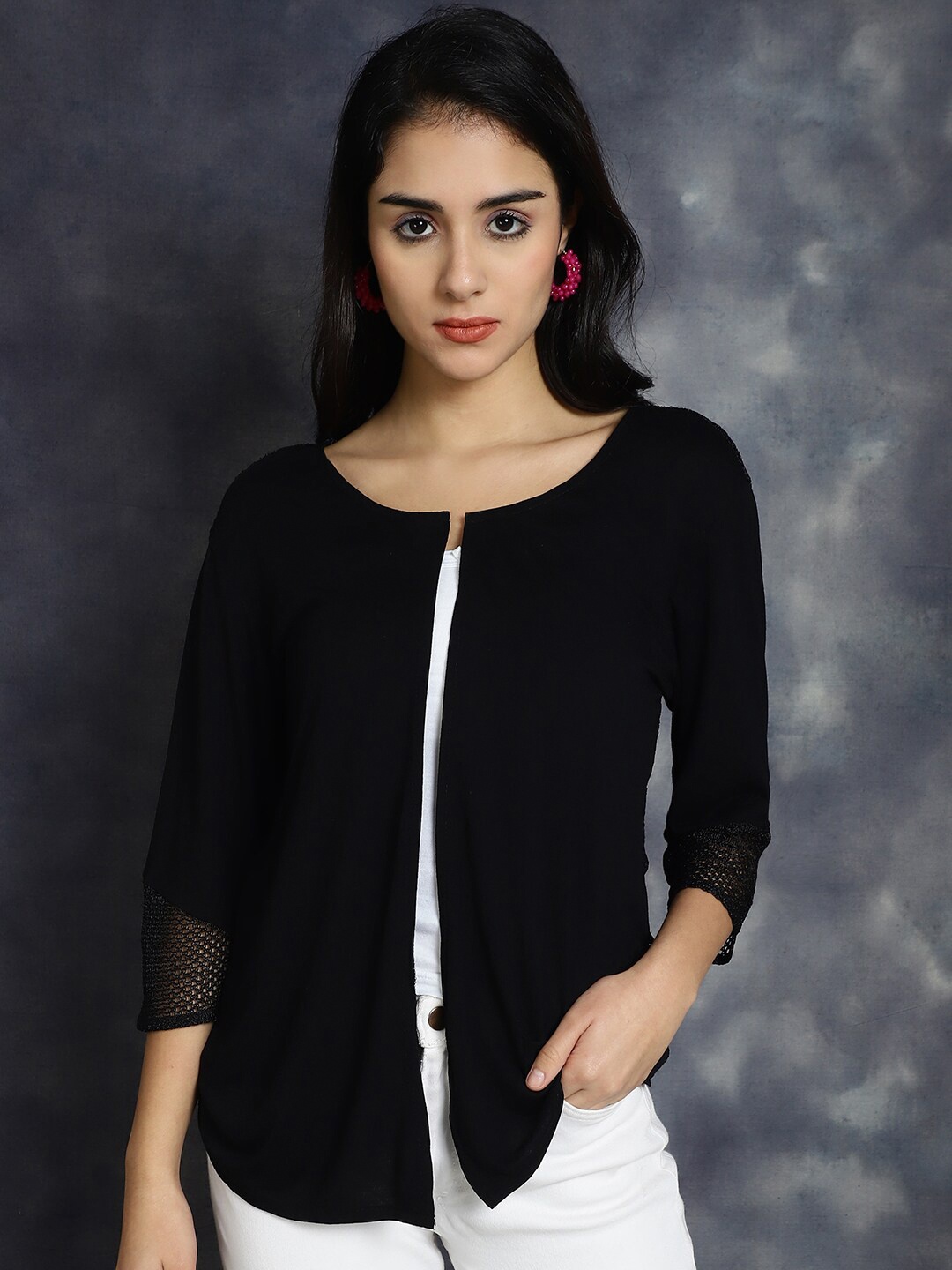 

urSense Round Neck Cotton Open Front Shrug, Black