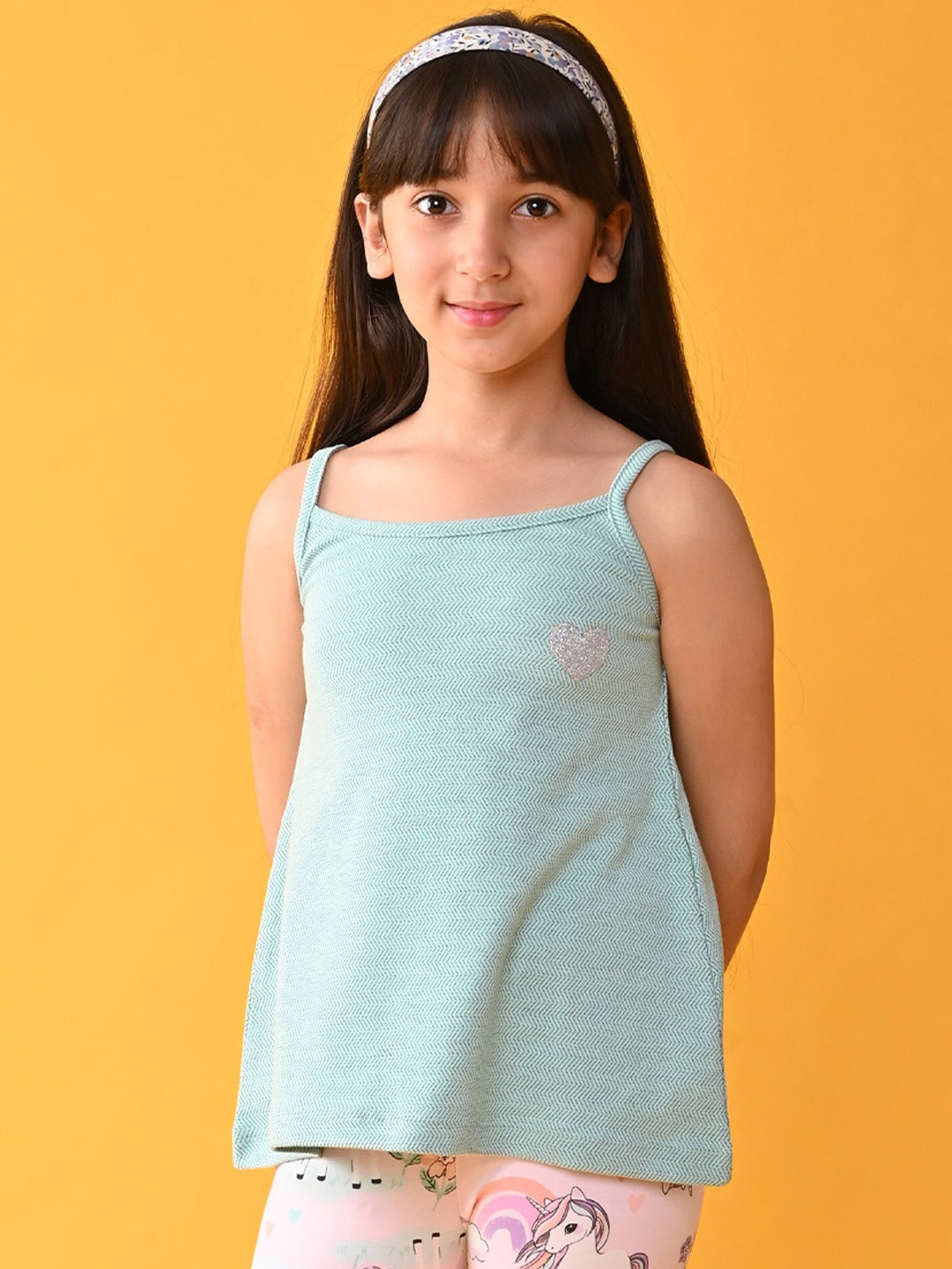 

Anthrilo Girls Geometric Printed Shoulder Straps Cotton Top, Sea green