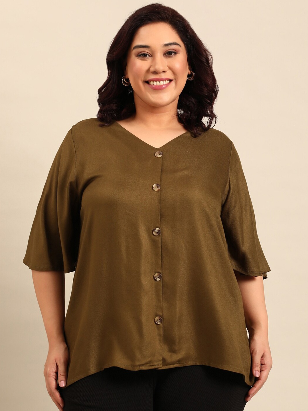 

The Pink Moon Three-Quarter Sleeves V-Neck Top, Olive