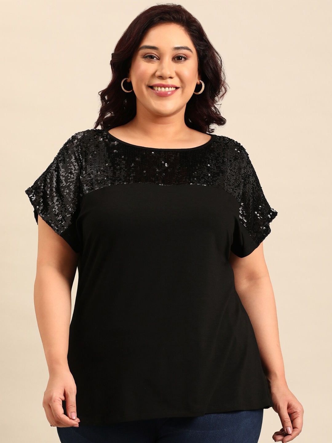 

The Pink Moon Plus Size Embellished Sequinned Detail Flared Sleeves Regular Top, Black