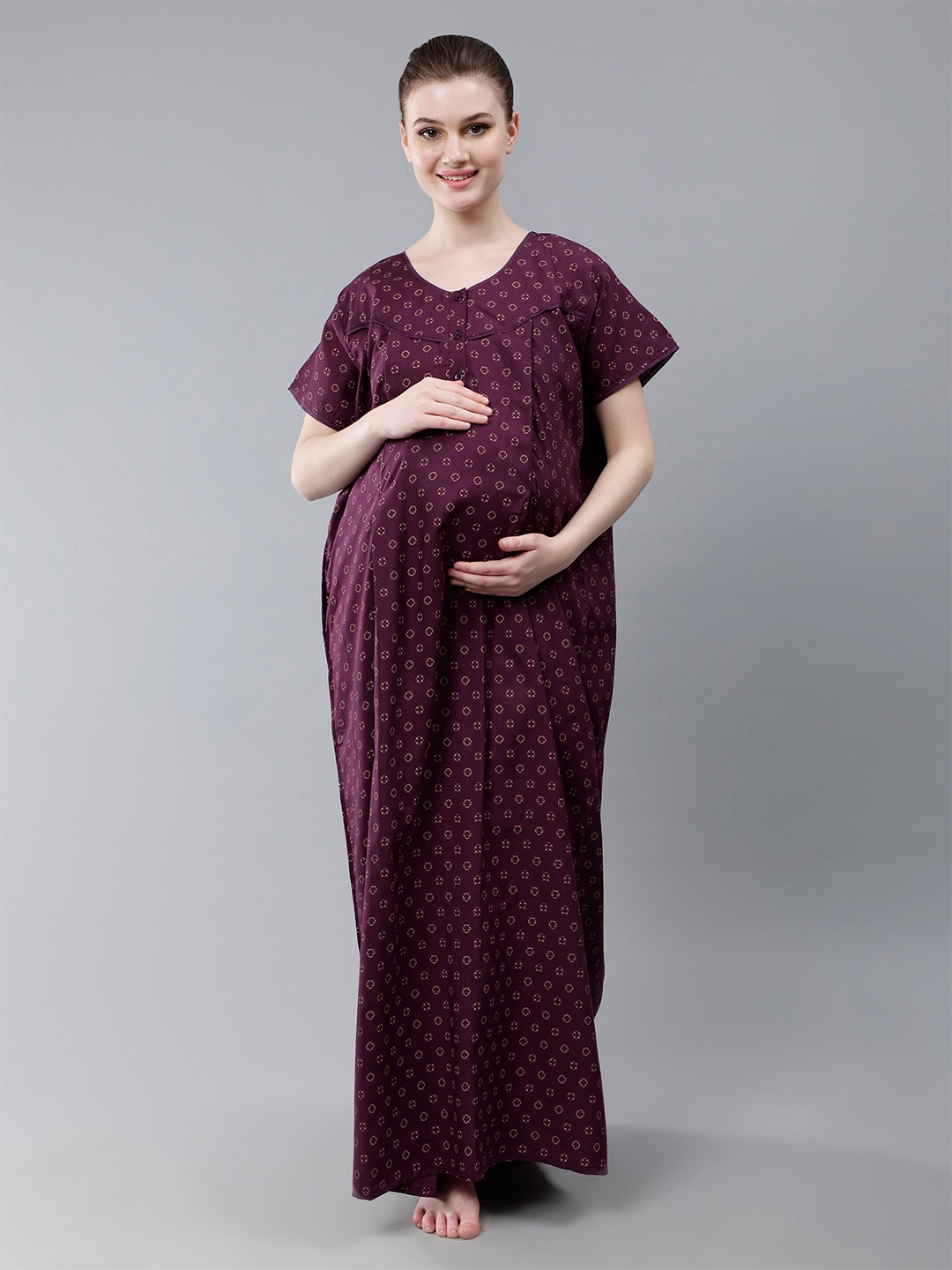 

NIGHTSPREE Geometric Printed Pure Cotton Maxi Maternity Nightdress, Purple