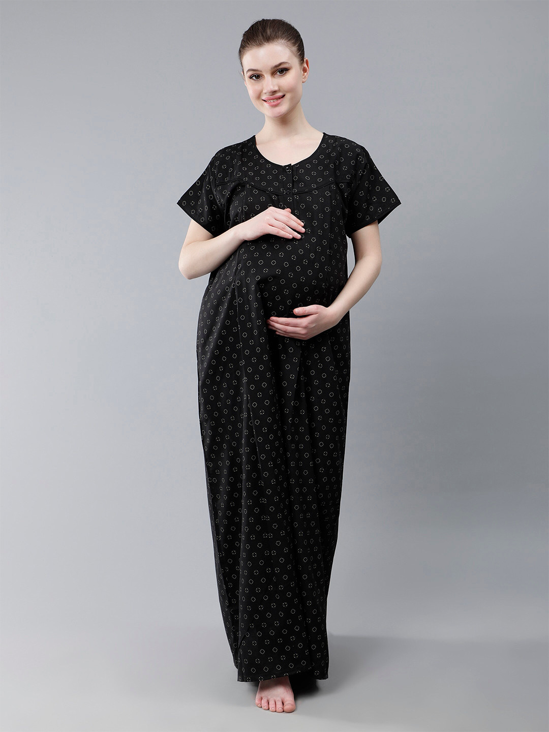 

NIGHTSPREE Geometric Printed Pure Cotton Maxi Maternity Nightdress, Black