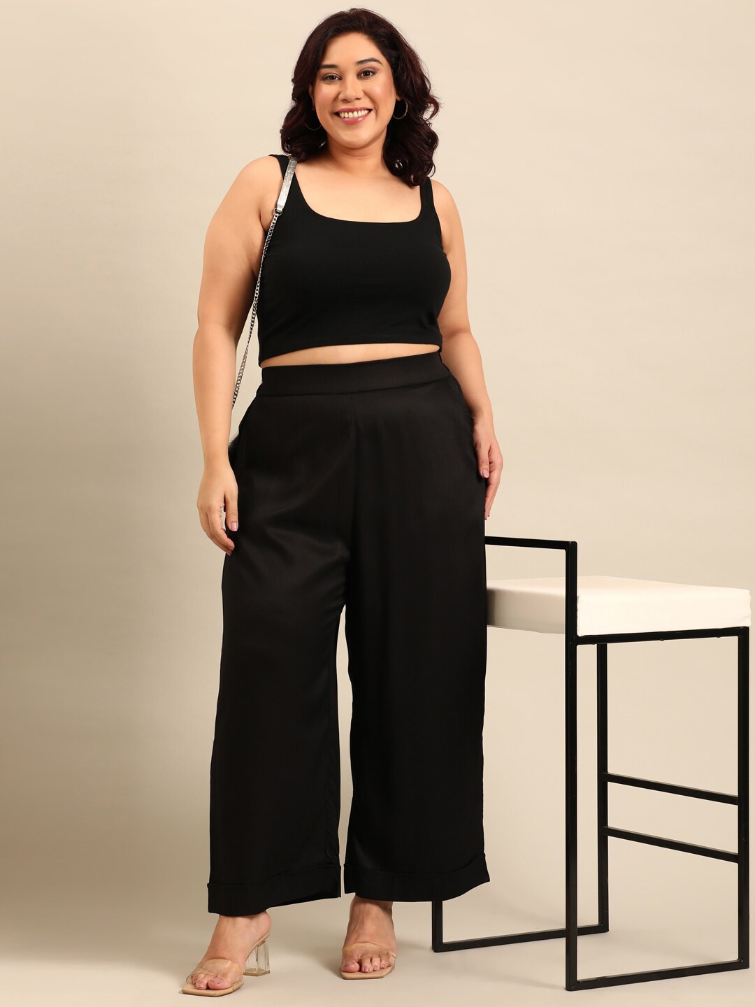 

The Pink Moon Plus Size Flared Palazzos, Black