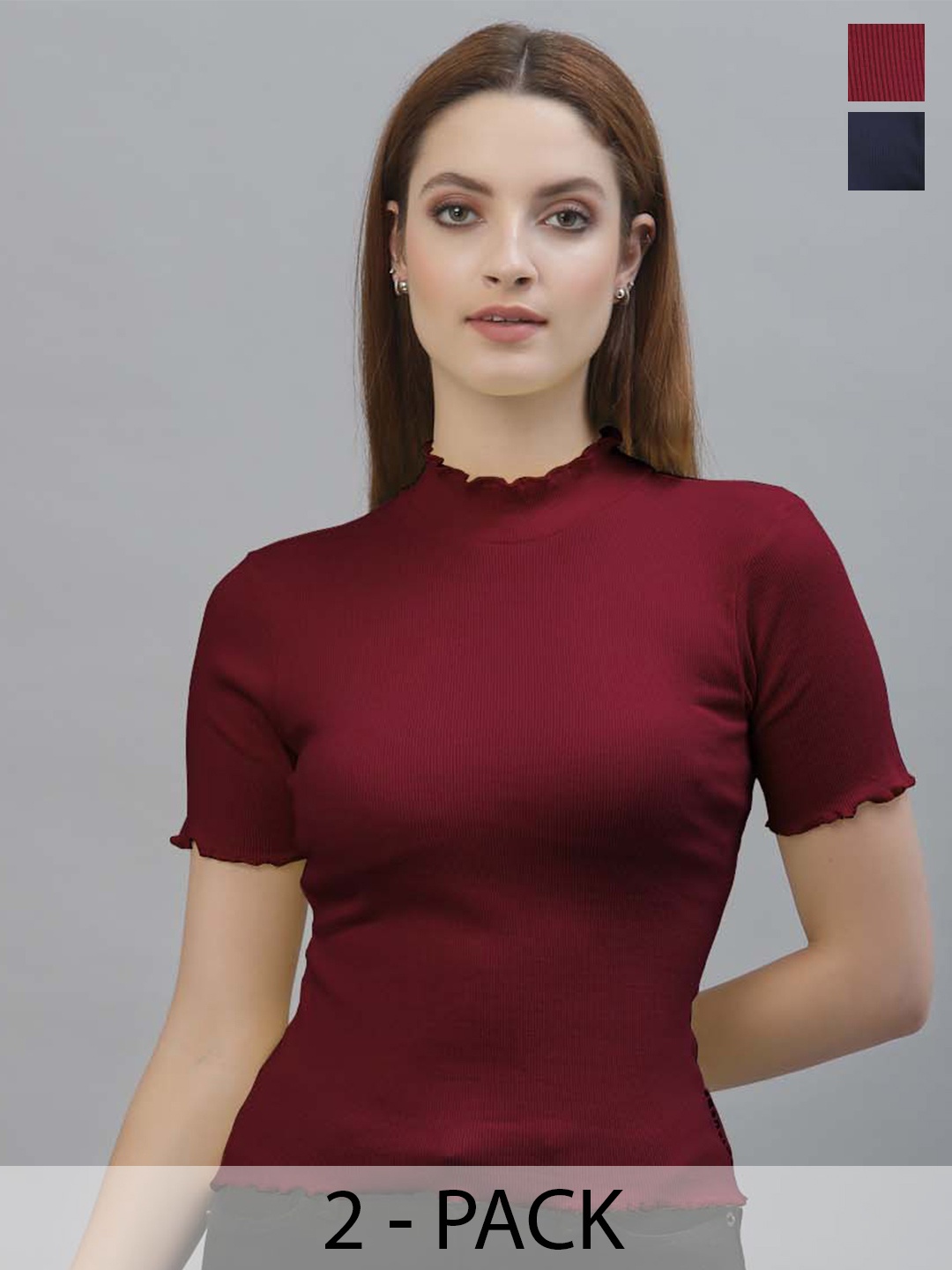 

Friskers Pack Of 2 Short Sleeves High Neck Cotton Tops, Maroon