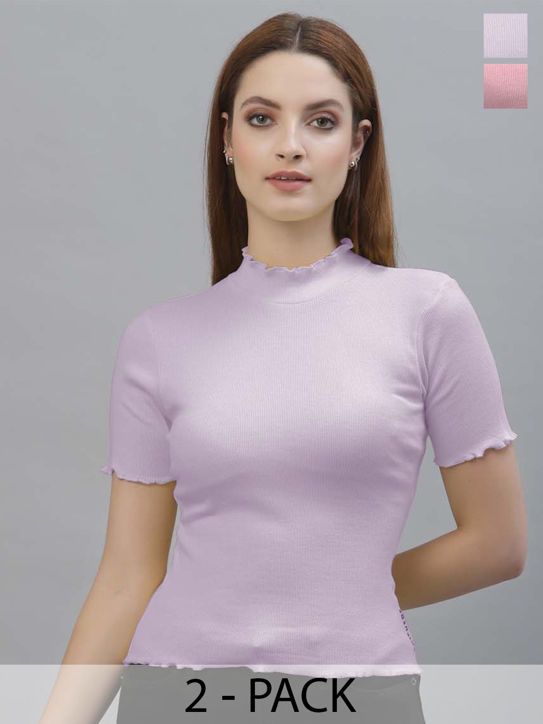 

Friskers Pack Of 2 Short Sleeves High Neck Cotton Tops, Purple