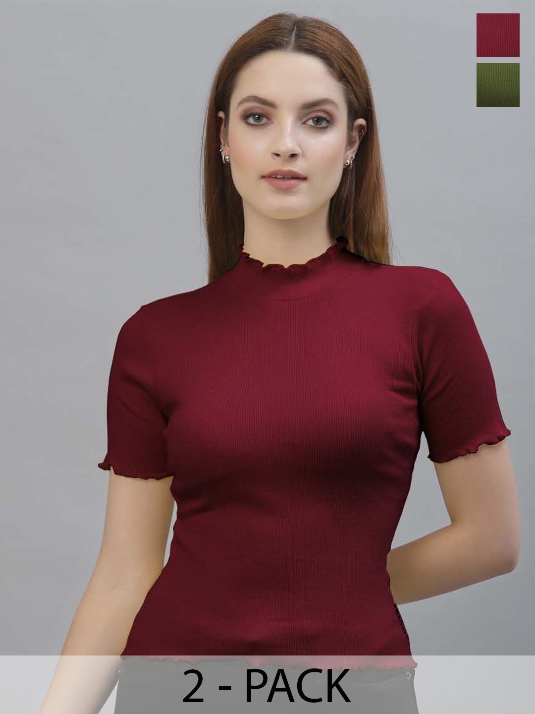 

Friskers Pack Of 2 High Neck Short Sleeves Ribbed Cotton Fitted Casual Tops, Maroon