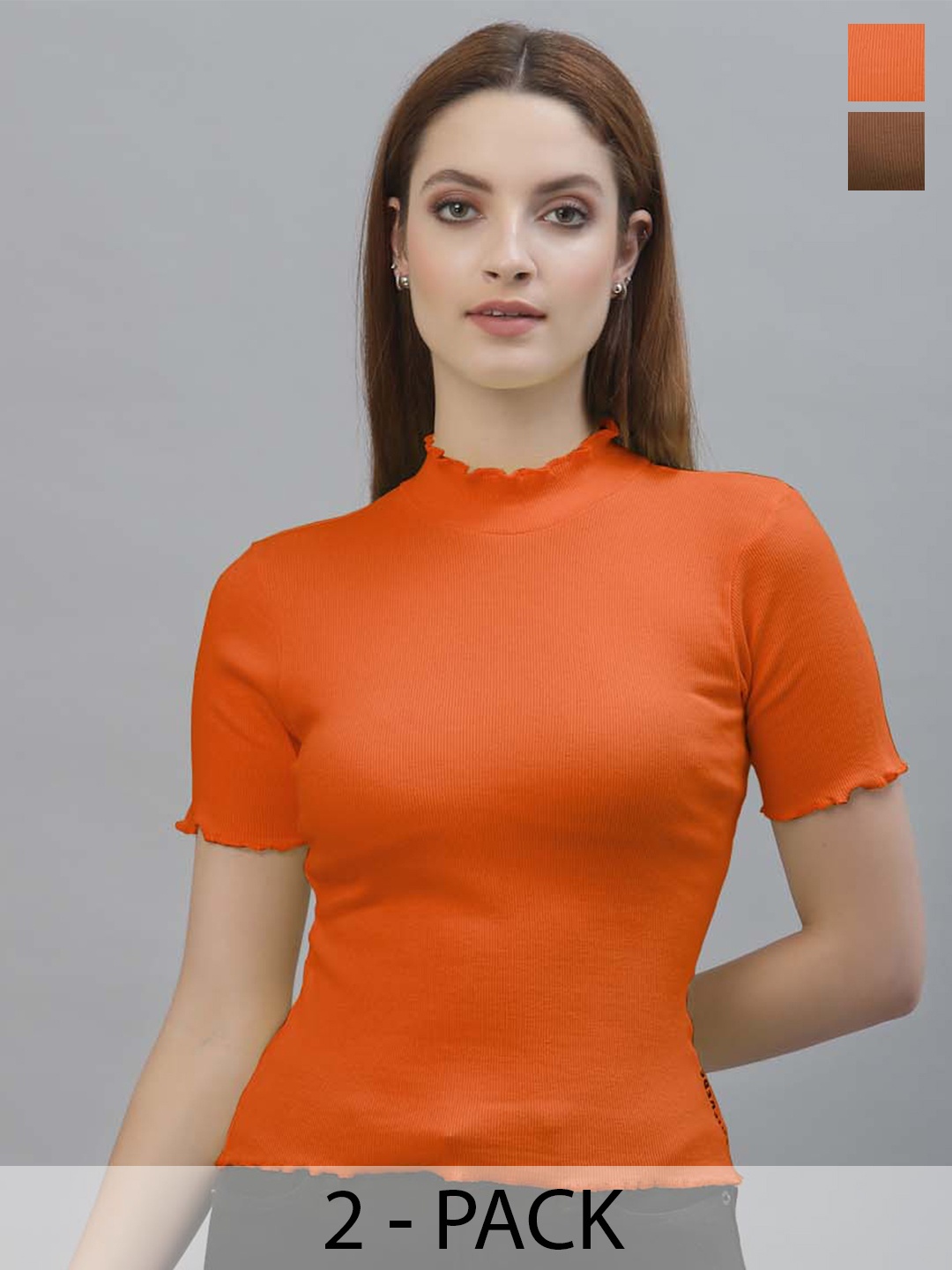 

Friskers Pack Of 2 Short Sleeves High Neck Cotton Tops, Orange