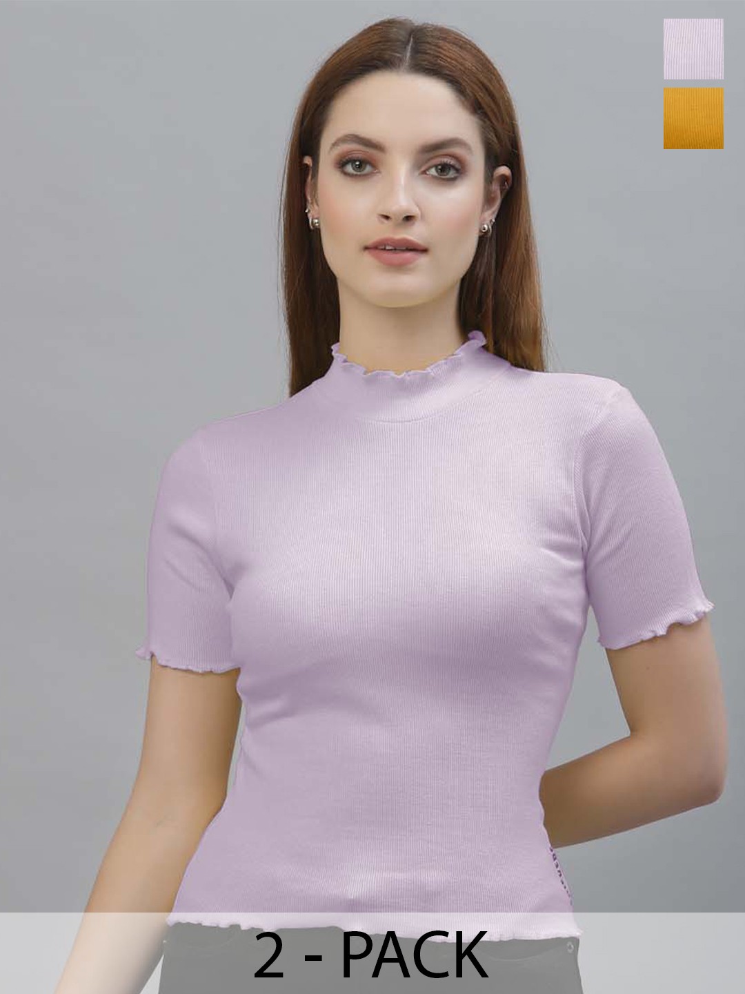 

Friskers Pack Of 2 High Neck Short Sleeves Ribbed Cotton Fitted Casual Tops, Purple