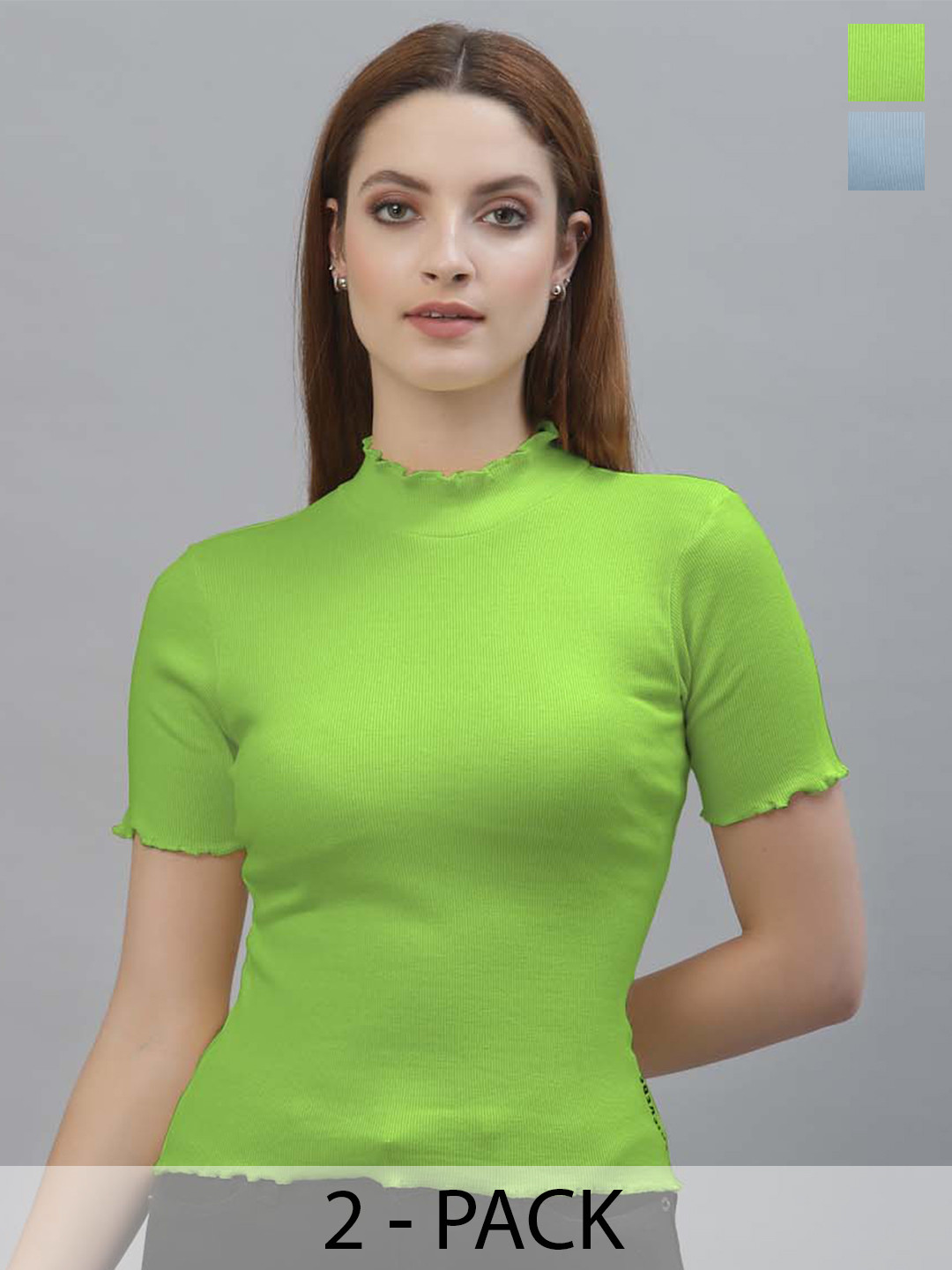 

Friskers Pack Of 2 High Neck Short Sleeves Cotton Fitted Top, Fluorescent green
