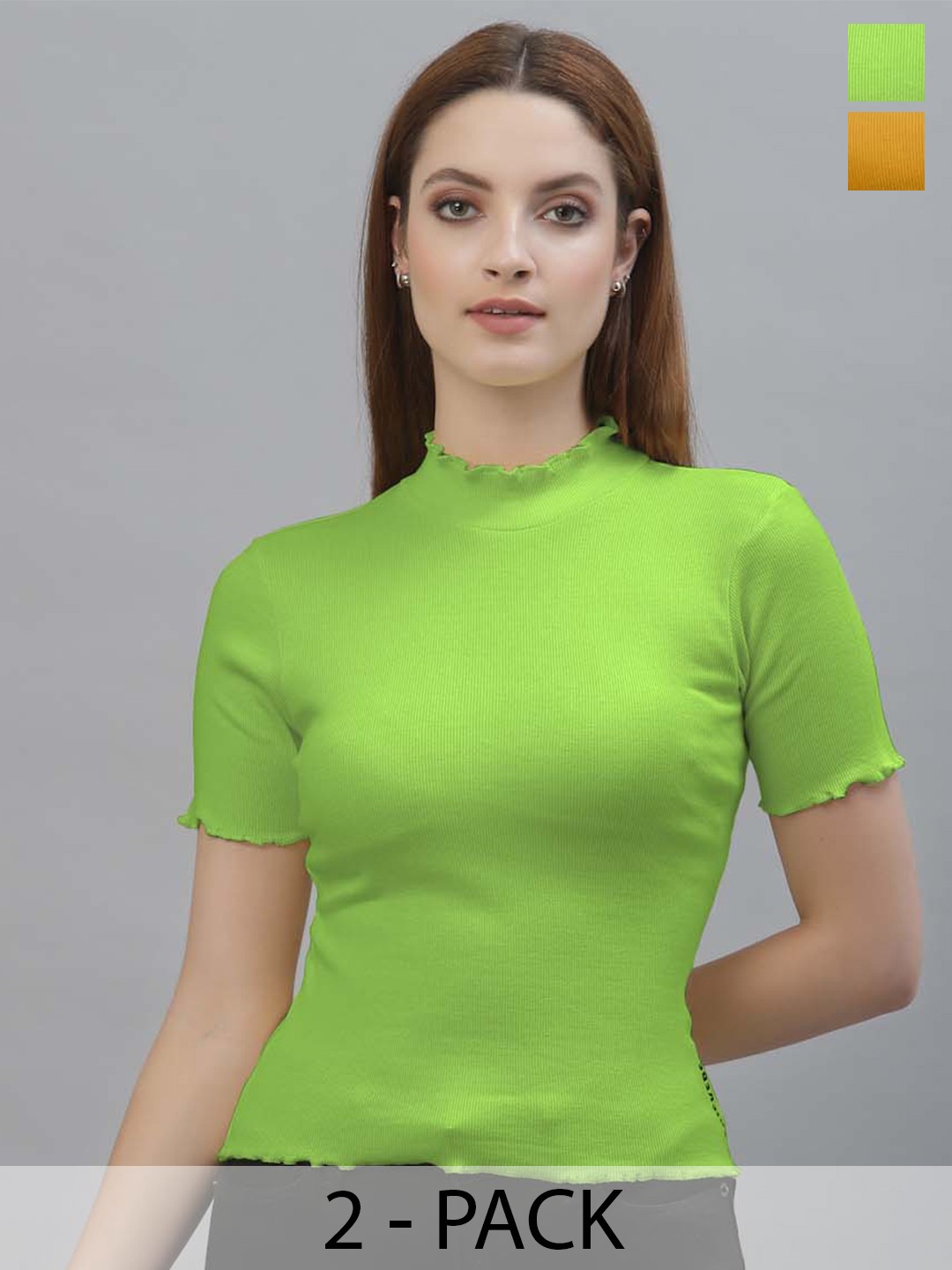 

Friskers Pack Of 2 Short Sleeves High Neck Cotton Tops, Fluorescent green