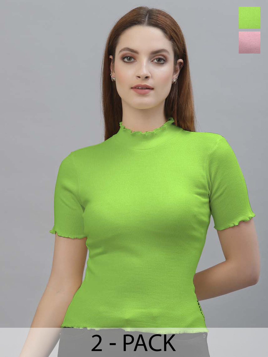 

Friskers Pack Of 2 Short Sleeves High Neck Cotton Tops, Fluorescent green