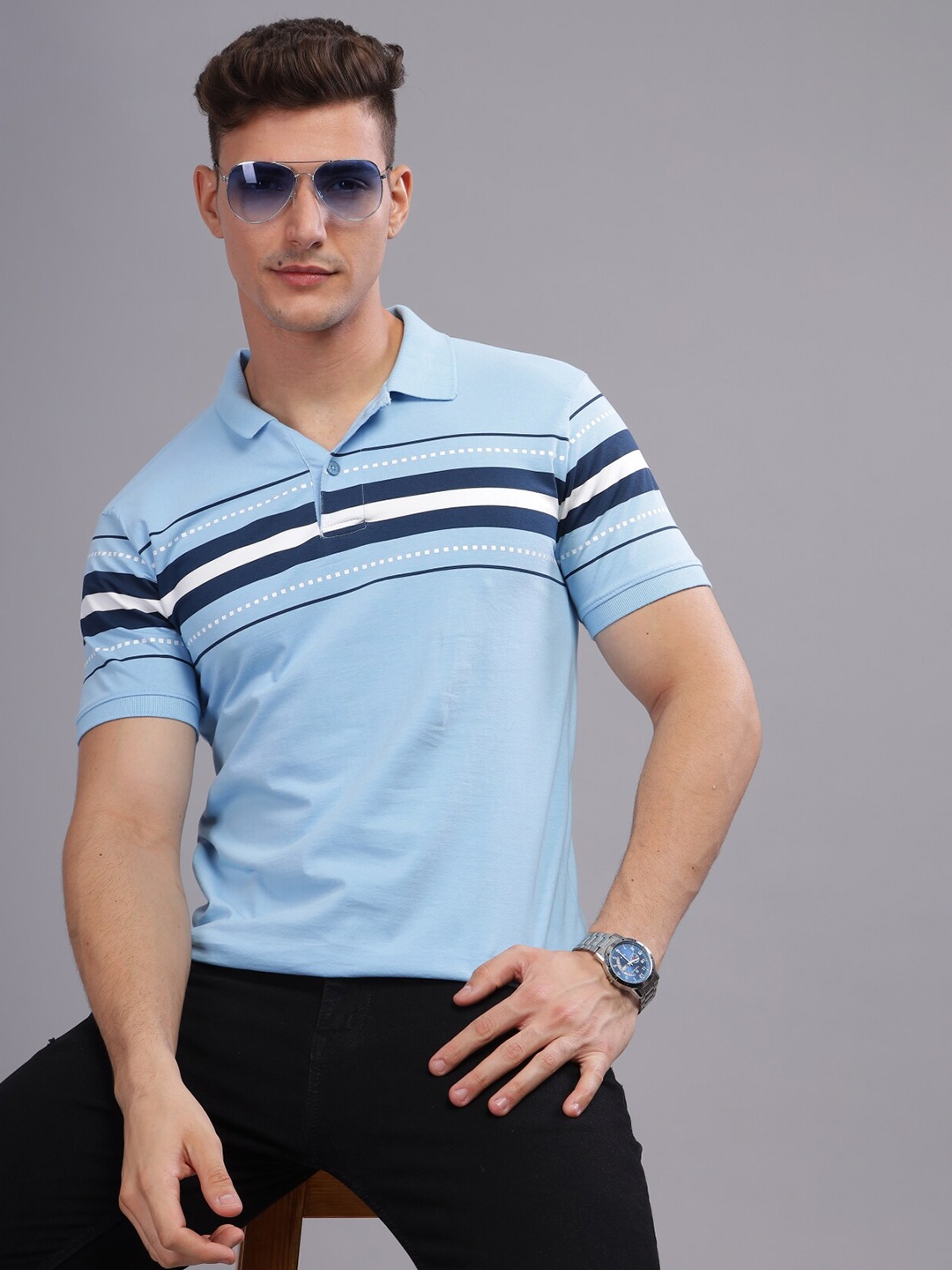

ADRO Striped Printed Polo Collar Short Sleeves Cotton Oversized Casual T-shirt, Blue