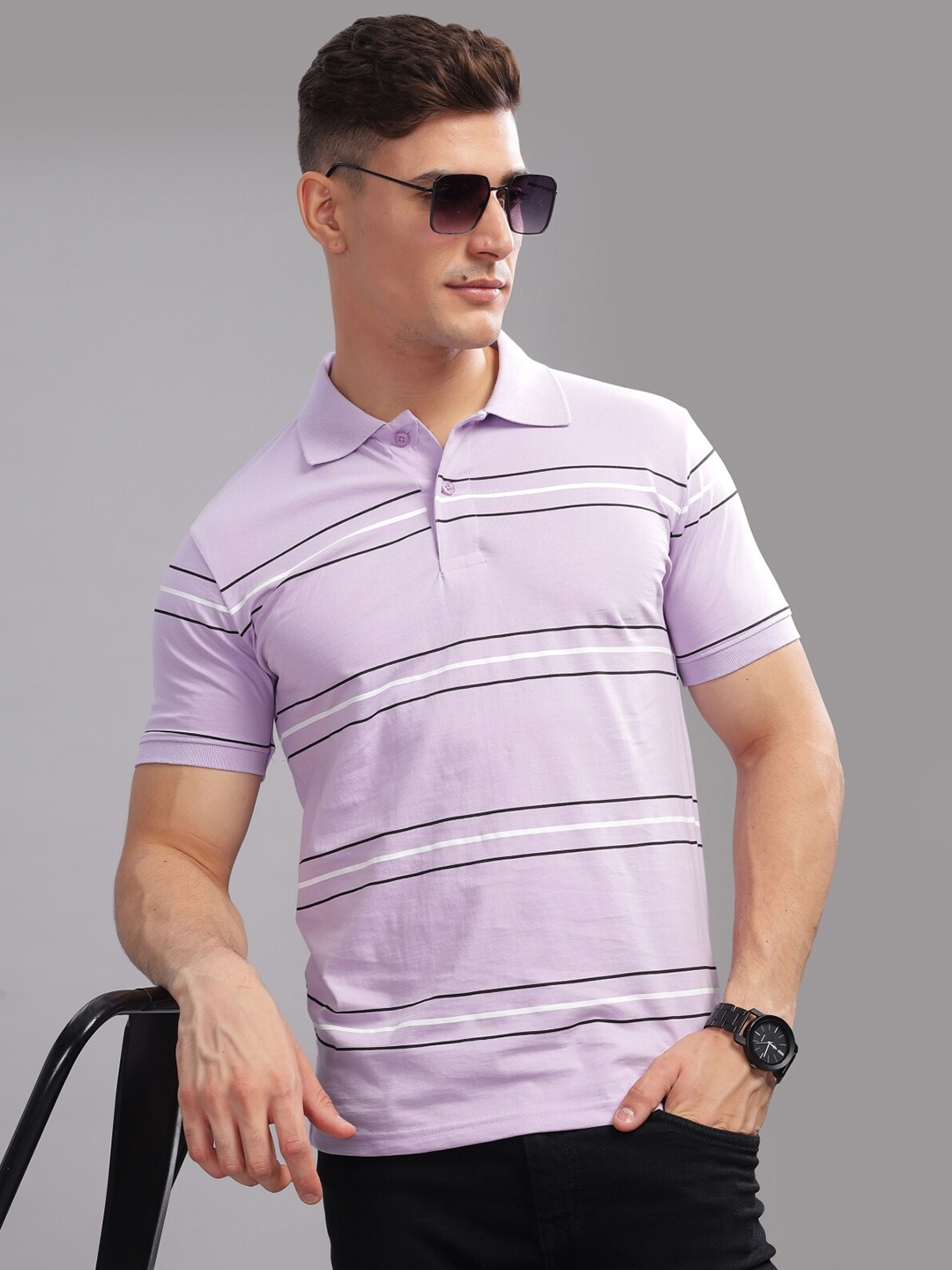 

ADRO Striped Printed Polo Collar Short Sleeves Cotton Oversized Casual T-shirt, Lavender