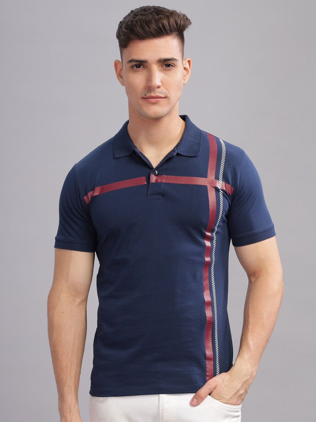 

ADRO Geometric Printed Short Sleeves Polo Collar Cotton Oversized Casual T-shirt, Navy blue
