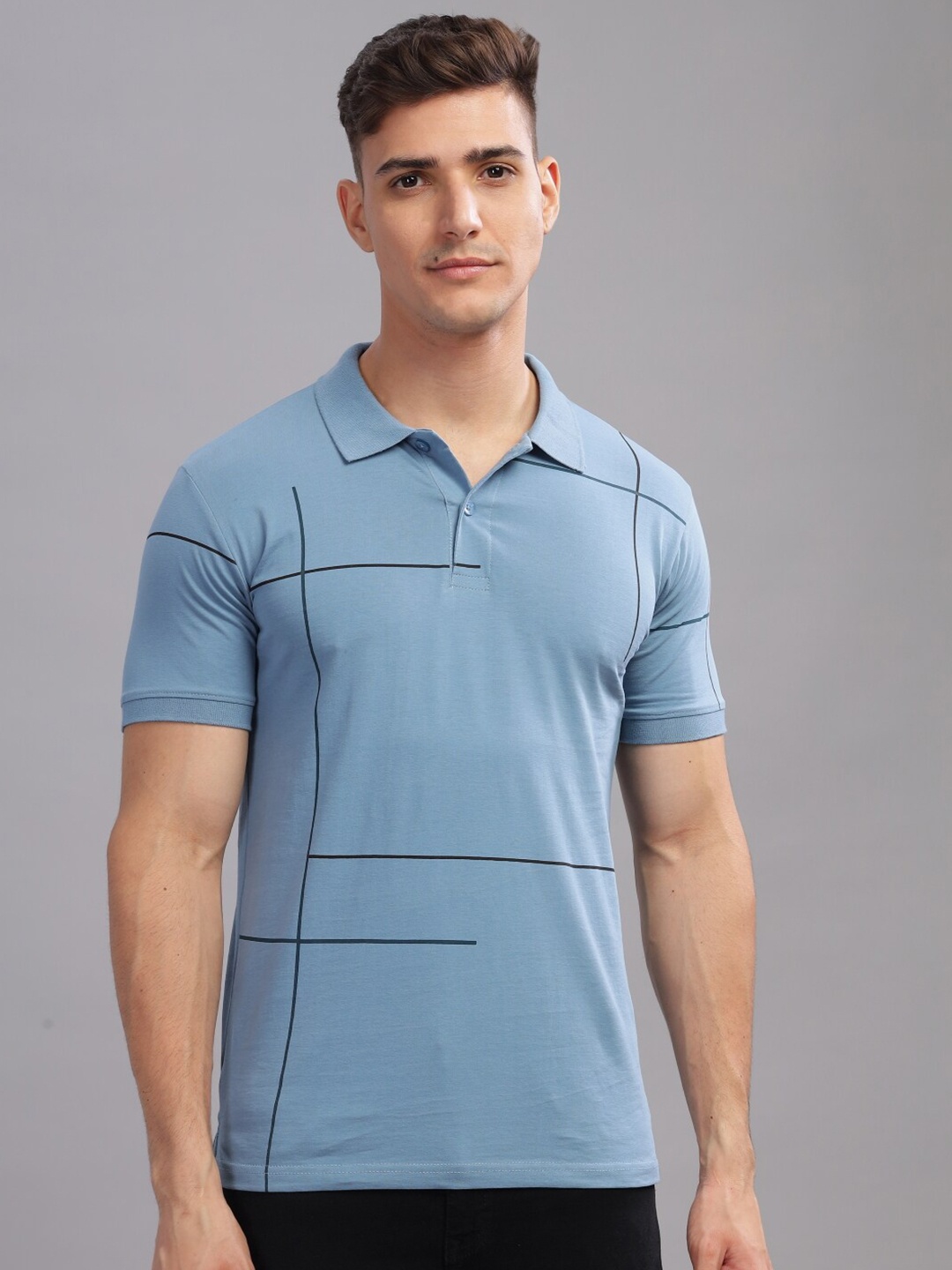 

ADRO Geometric Printed Polo Collar Short Sleeves Cotton Oversized Casual T-shirt, Blue