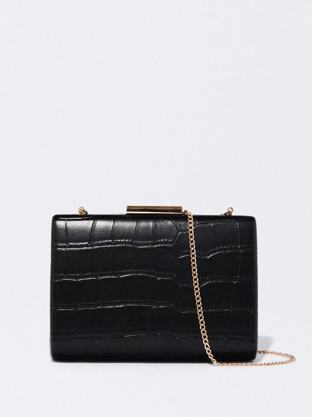 

PARFOIS Croc-Textured Box Clutch with Detachable Metallic Strap, Black