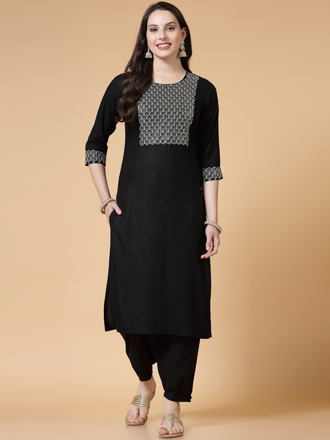 

KALINI Ethnic Motifs Yoke Design Regular Thread Work Pure Cotton Kurta with Trouser, Black