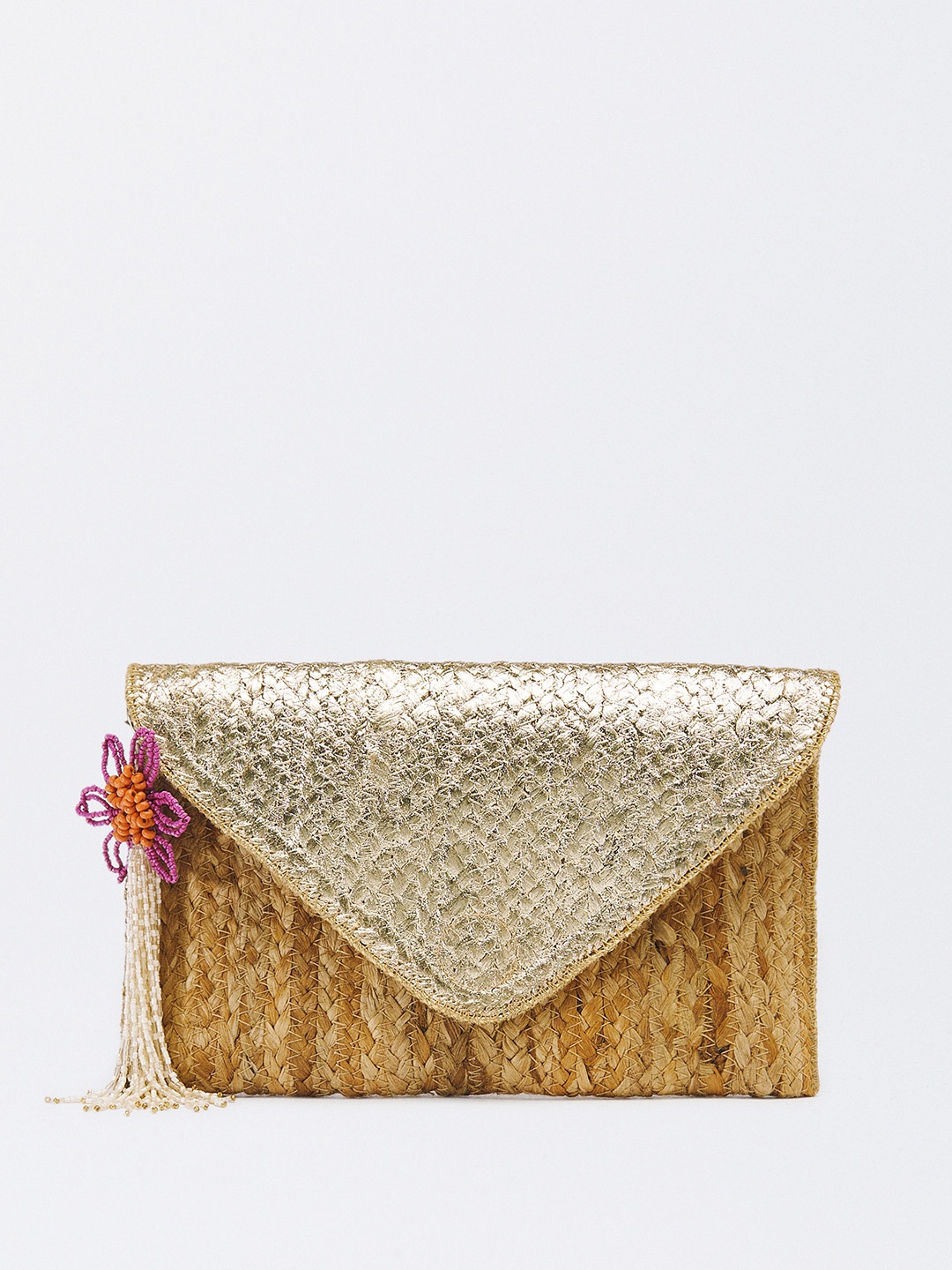

PARFOIS Fringed Envelope Clutch with Detachable Sling, Gold