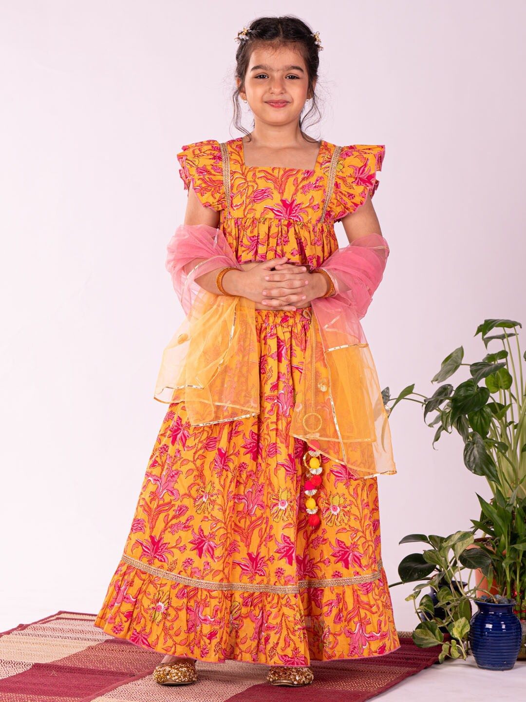 

VASTRAMAY Girls Printed Ready to Wear Lehenga & Blouse With Dupatta, Mustard