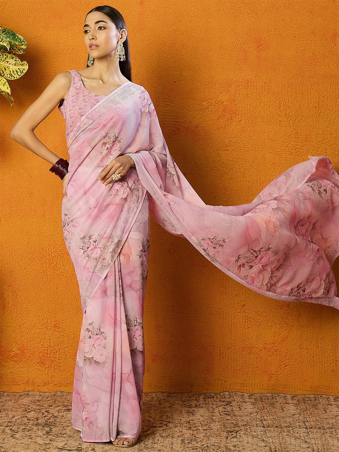 

Inddus Floral Beads and Stones Saree With Blouse Piece, Pink