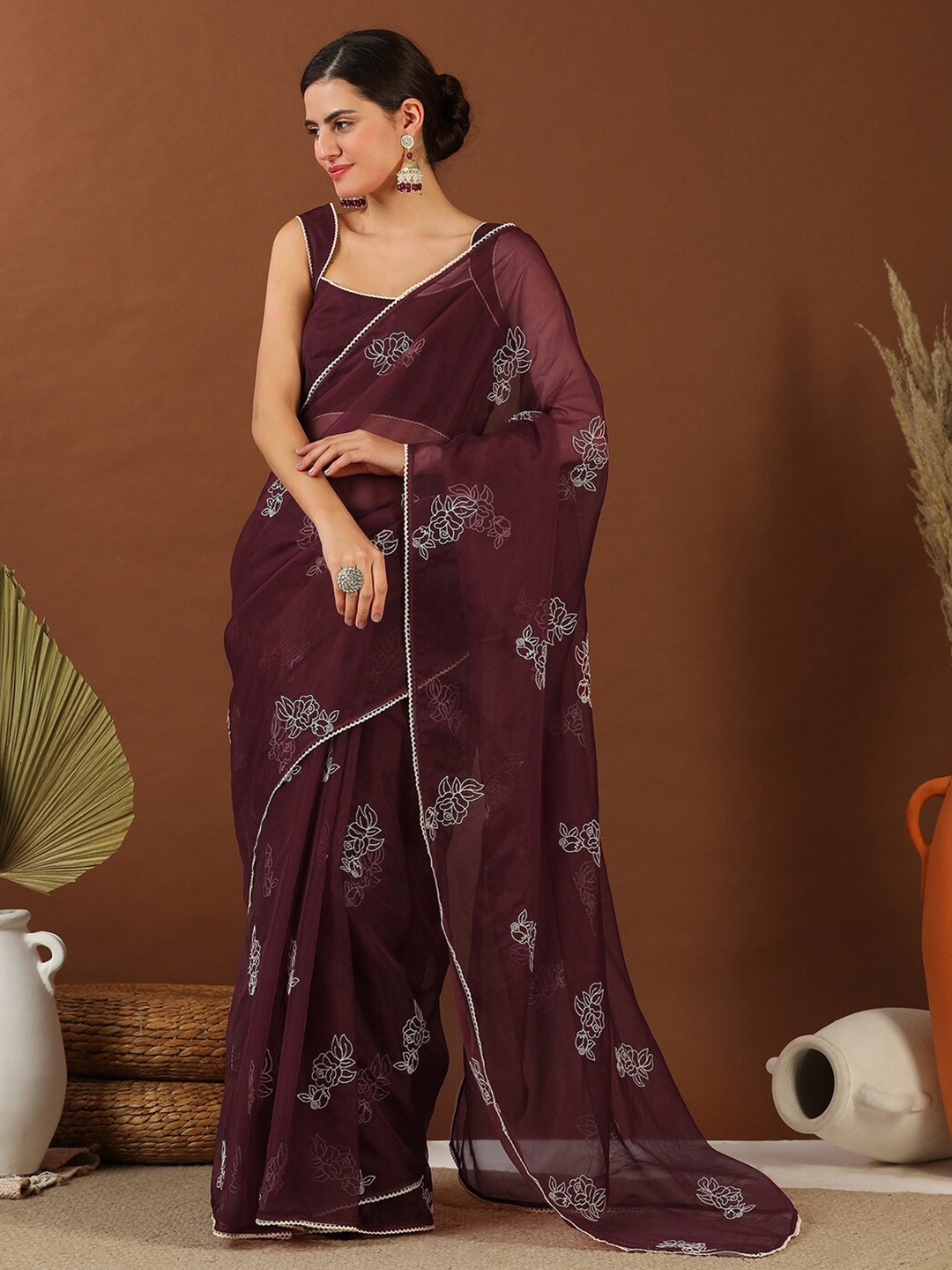 

Inddus Floral Embroidered Organza Saree, Maroon