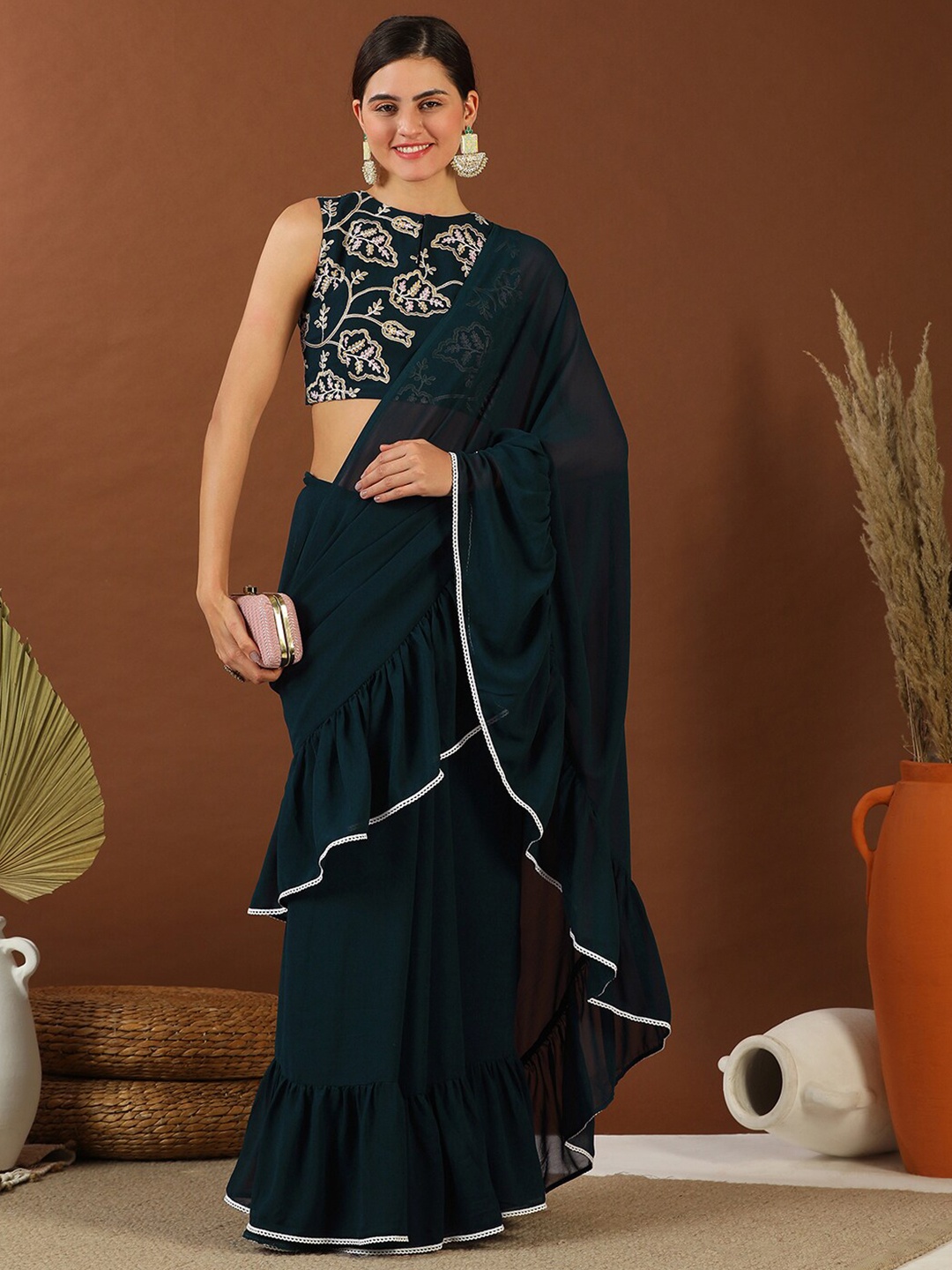 

Inddus Embroidered Poly Georgette Saree, Teal