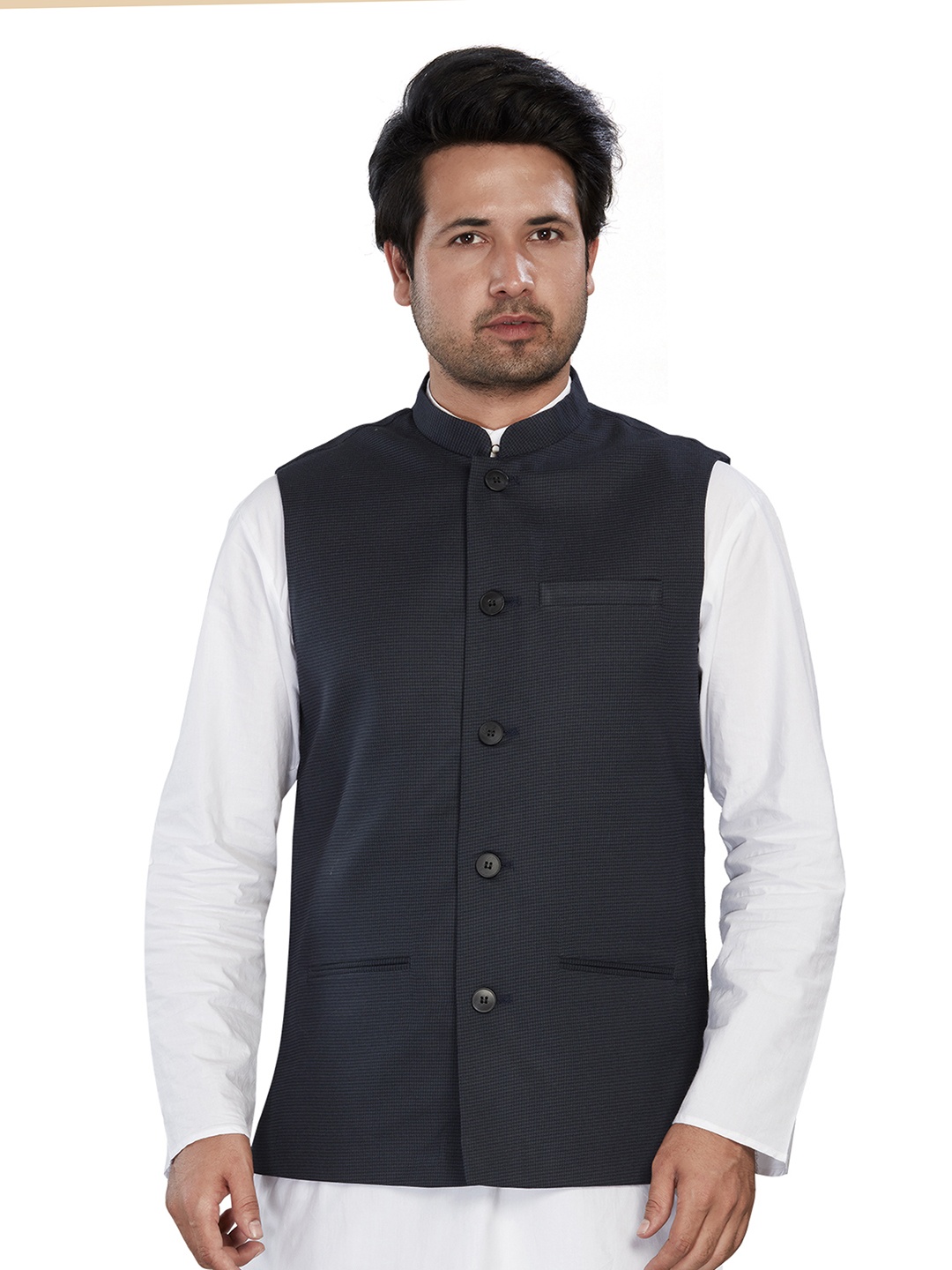 

Authentics Checked Mandarin Collar Cotton Nehru Jacket, Blue