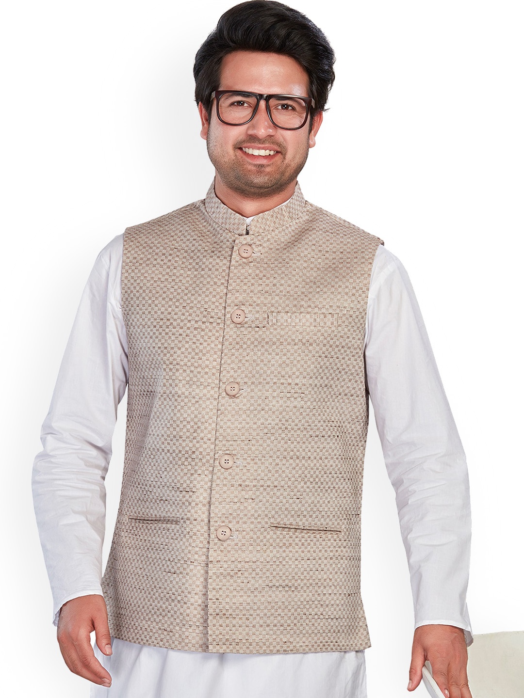 

Authentics Checked Mandarin Collar Pure Cotton Nehru Jacket, Brown