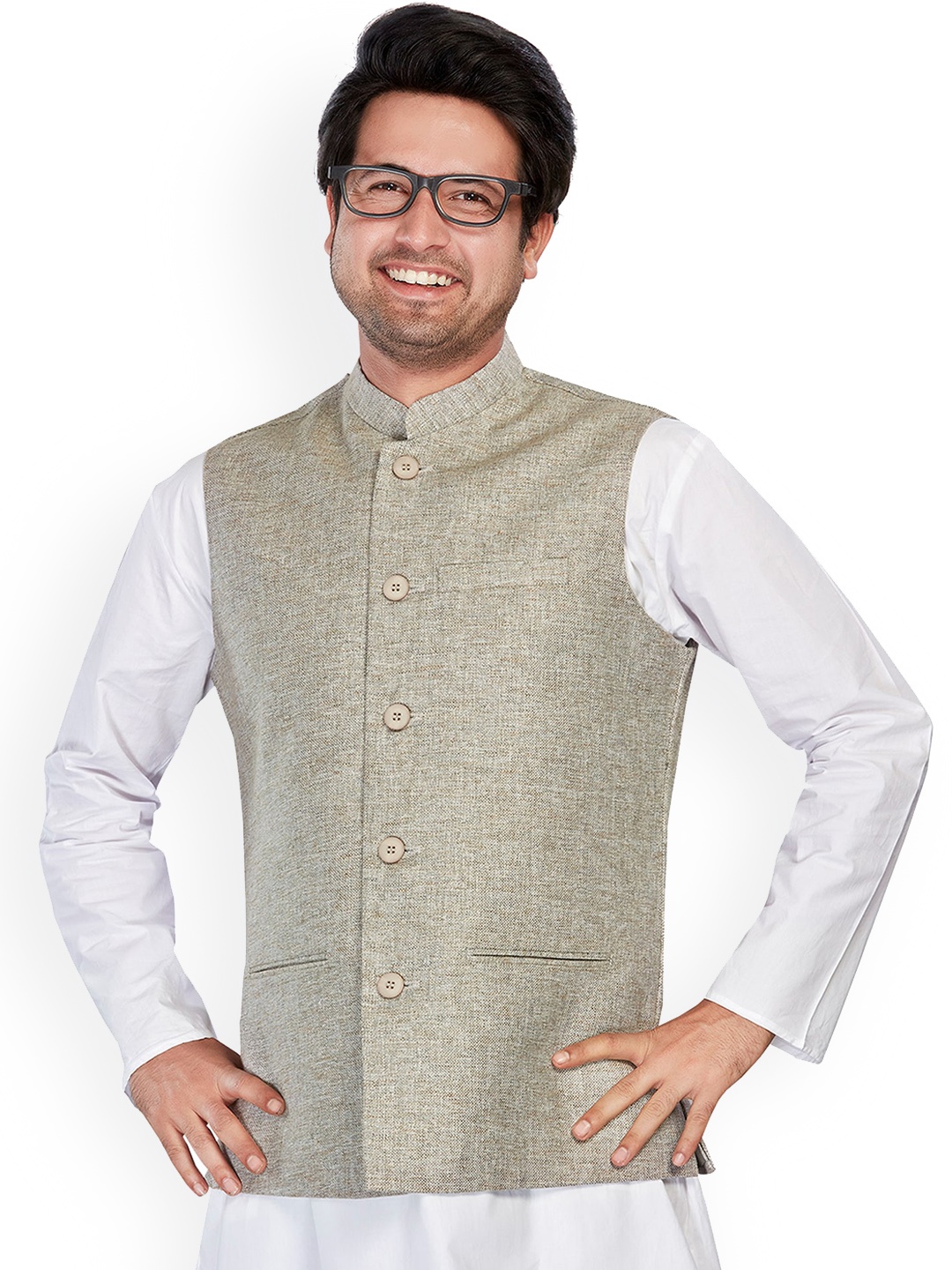 

Authentics Mandarin Neck Sleeveless Nehru Jacket, Grey