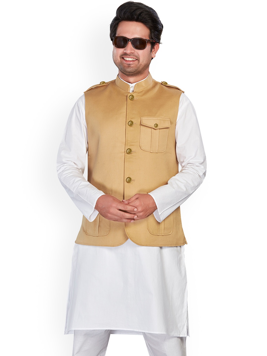 

Authentics Mandarin Neck Sleeveless Nehru Jacket, Khaki