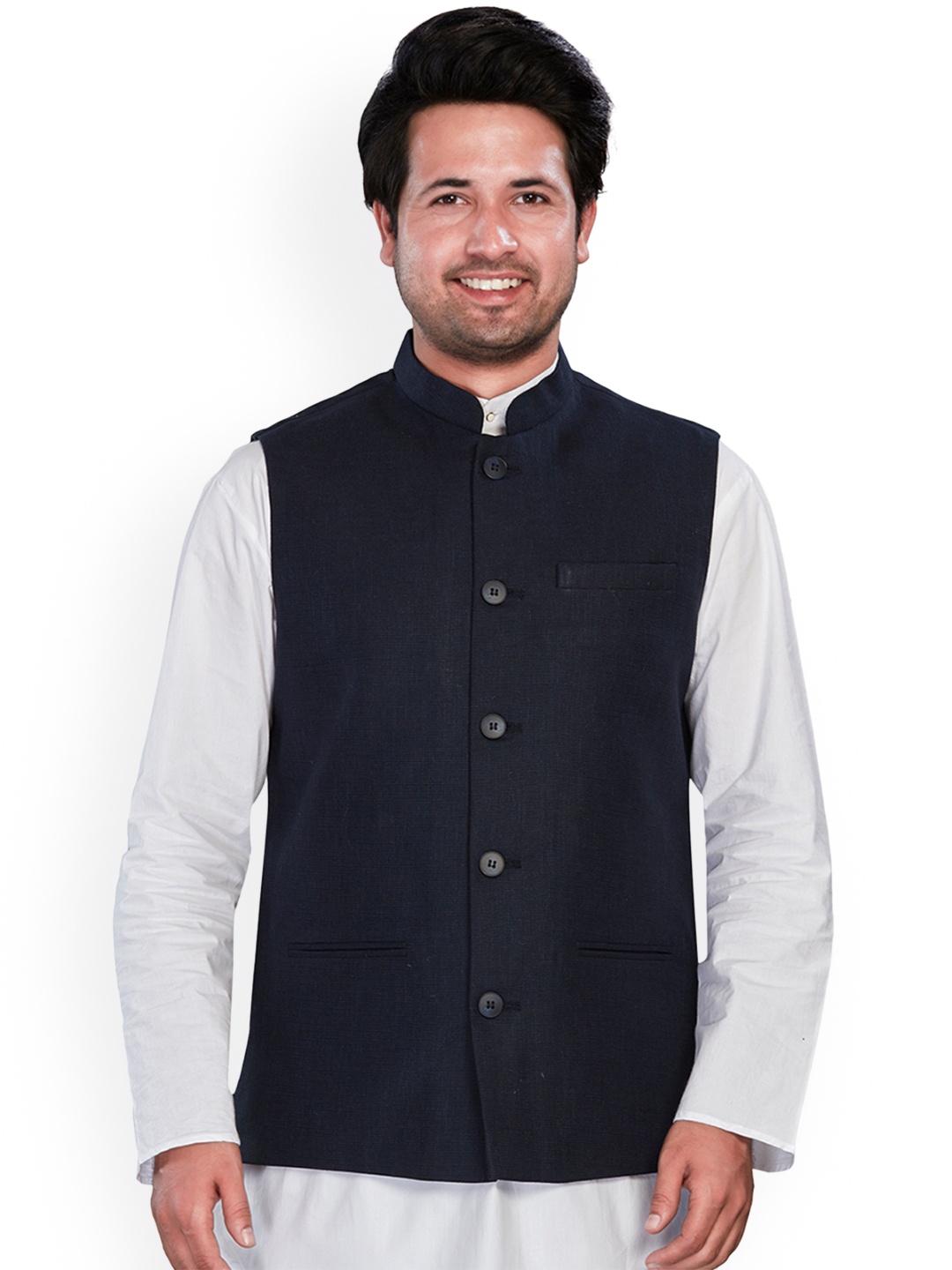 

Authentics Mandarin Collar Sleeveless Nehru Jacket, Navy blue