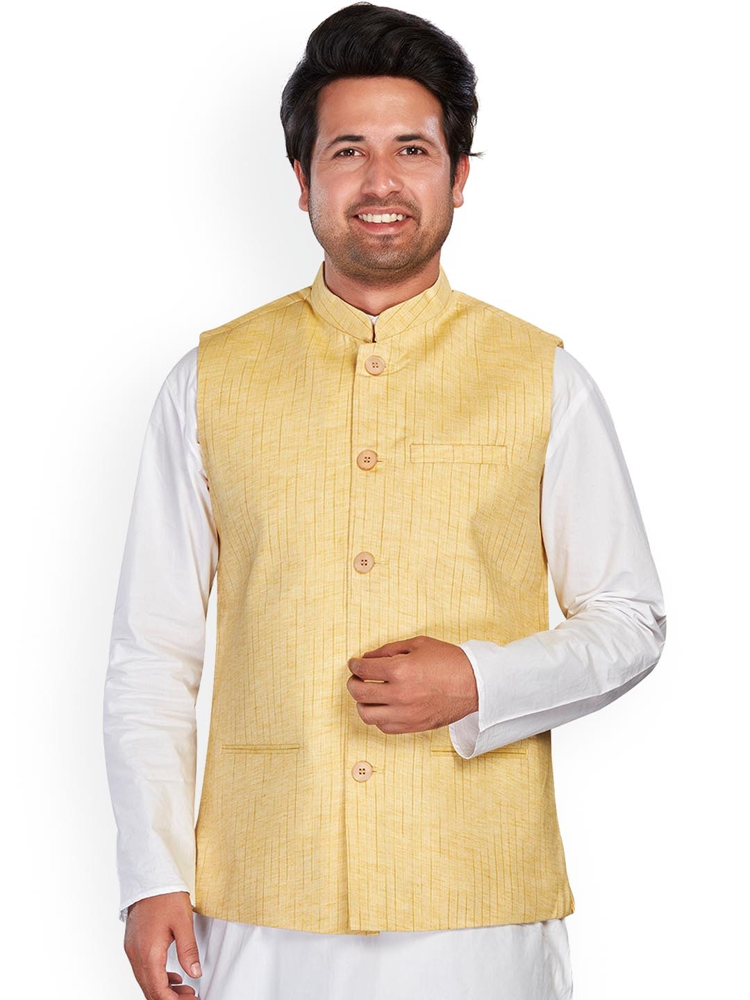 

Authentics Striped Mandarin Collar Pure Cotton Nehru Jacket, Yellow
