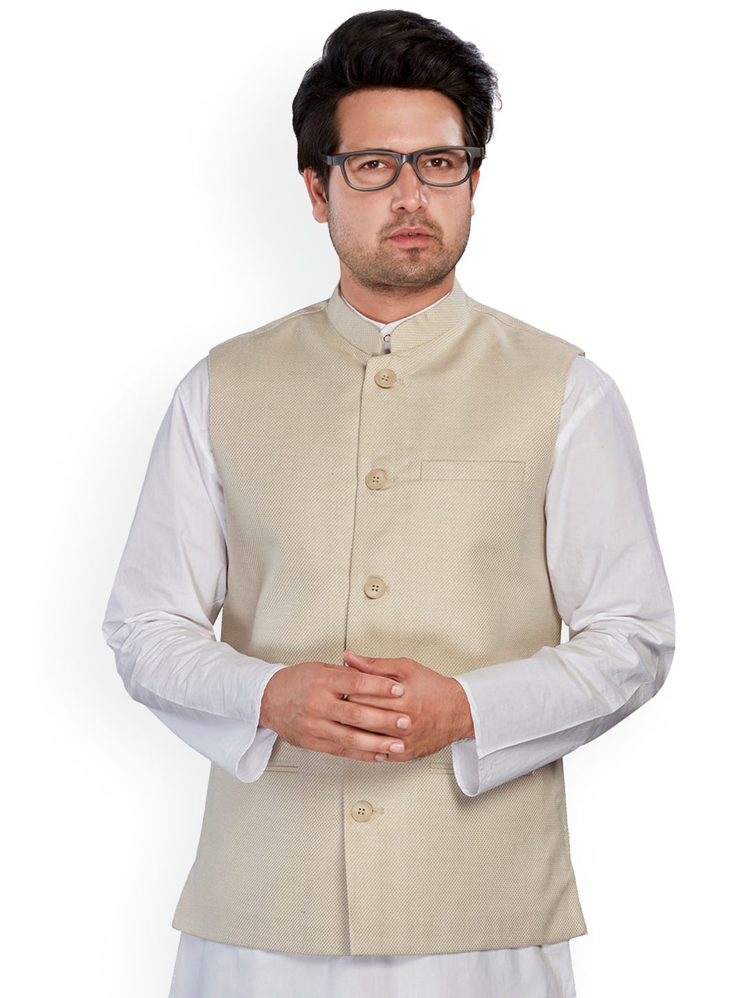 

Authentics Woven Design Mandarin Collar Nehru Jacket, Beige