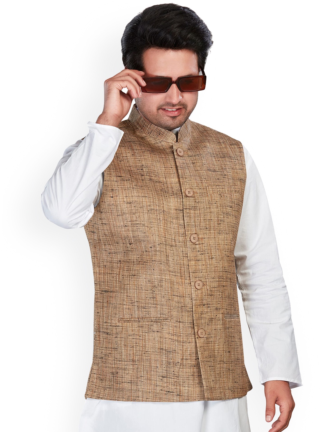 

Authentics Woven Design Mandarin Collar Pure Cotton Nehru Jacket, Brown