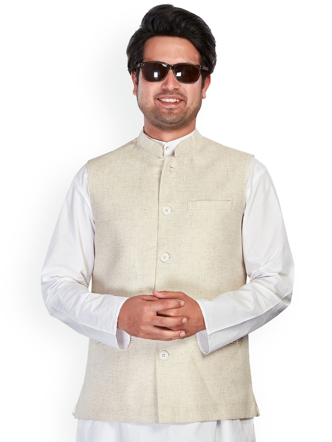 

Authentics Woven-Design Mandarin Collar Sleeveless Nehru Jackets, Cream