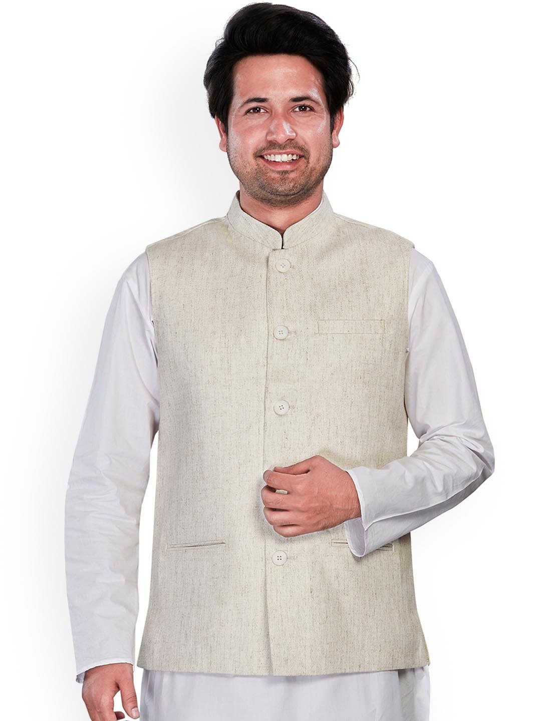 

Authentics Woven Design Mandarin Collar Nehru Jacket, White