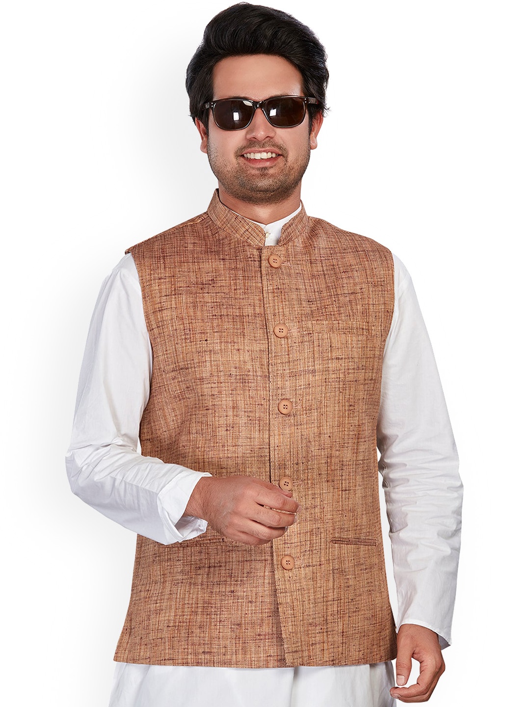 

Authentics Woven Design Mandarin Collar Nehru Jackets, Brown