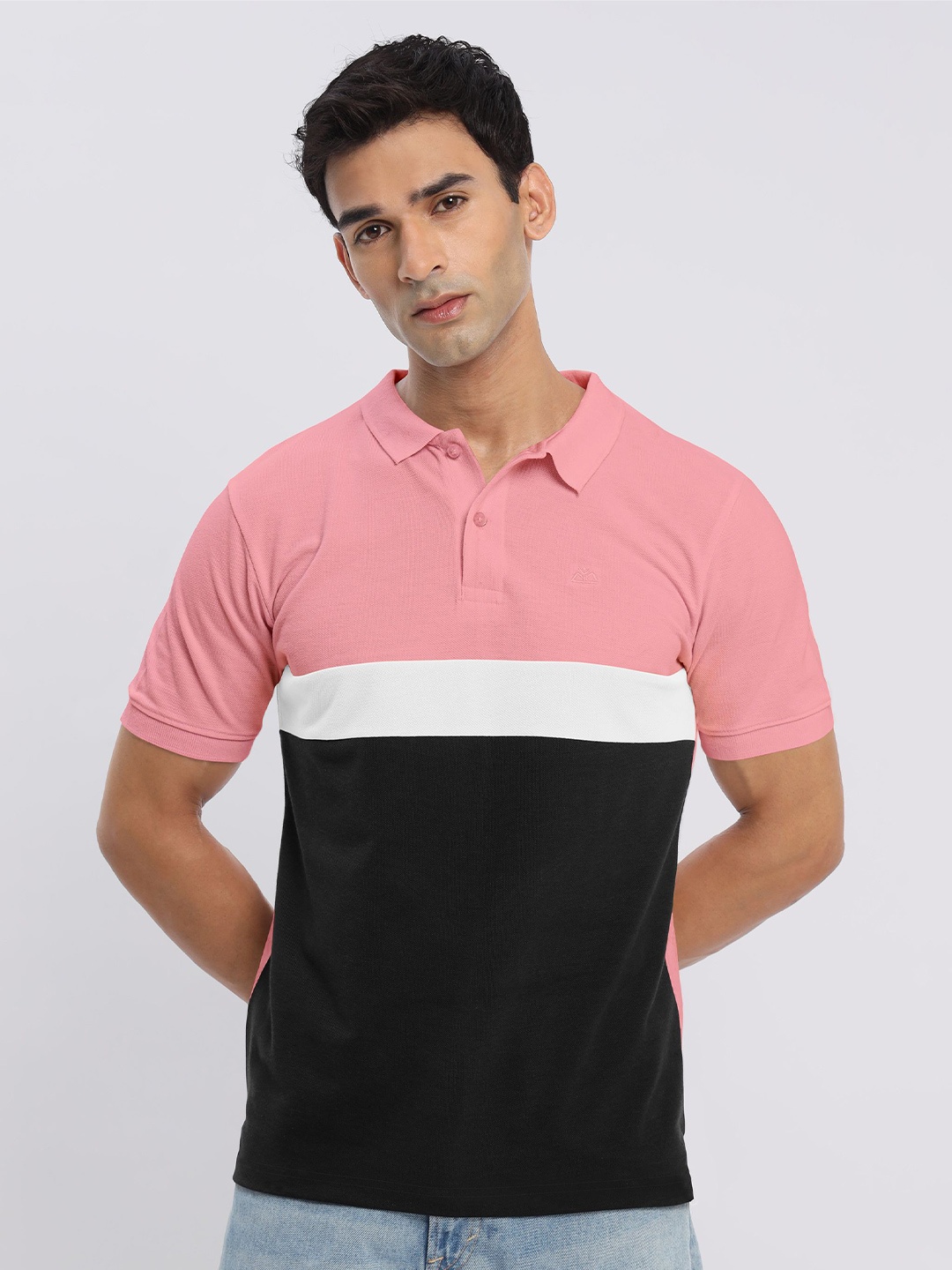 

Beyoung Colourblocked Polo Collar Short Sleeves Cotton Casual T-shirt, Pink