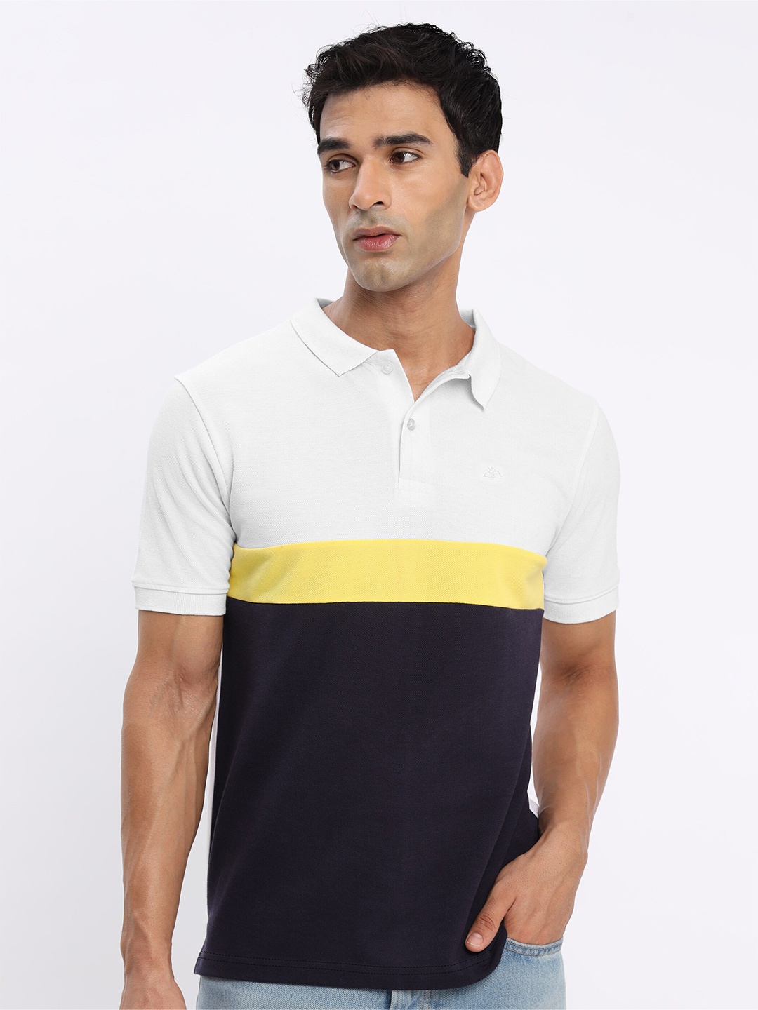 

Beyoung Colourblocked Polo Collar Cotton Casual T-shirt, White