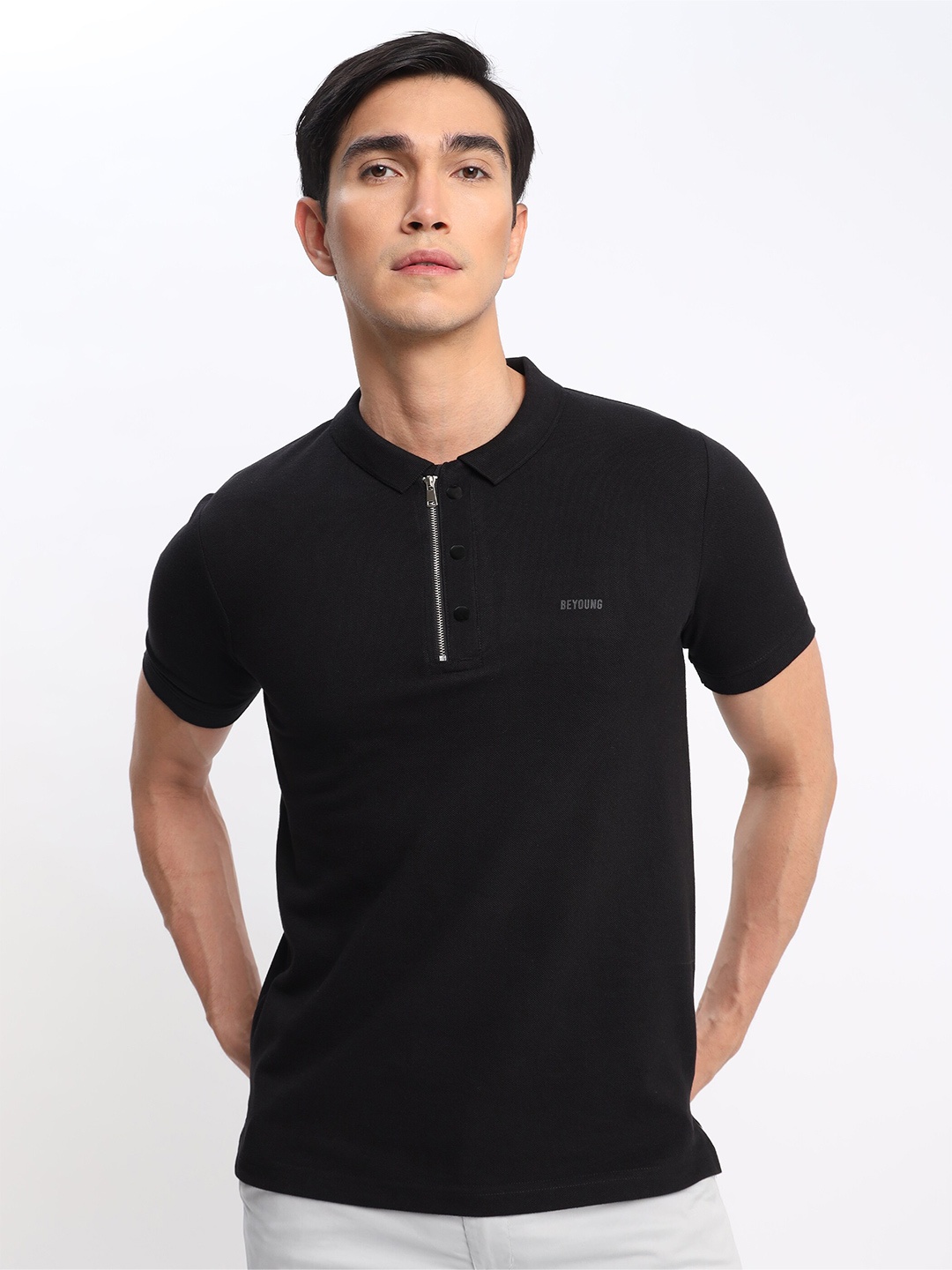 

Beyoung Round Neck Zip Cotton Casual T-shirt, Black