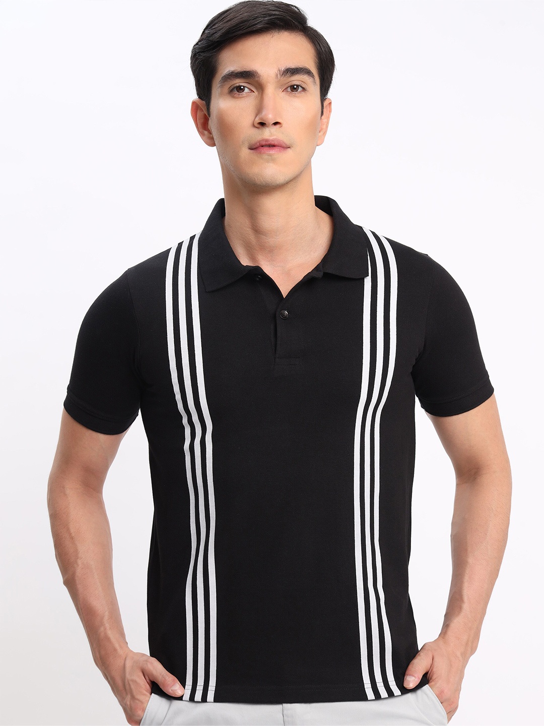 

Beyoung Striped Polo Collar Short Sleeves Cotton Casual T-shirt, Black