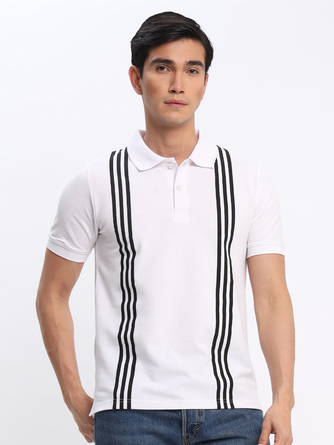 

Beyoung Striped Polo Collar Short Sleeves Cotton Casual T-shirt, White