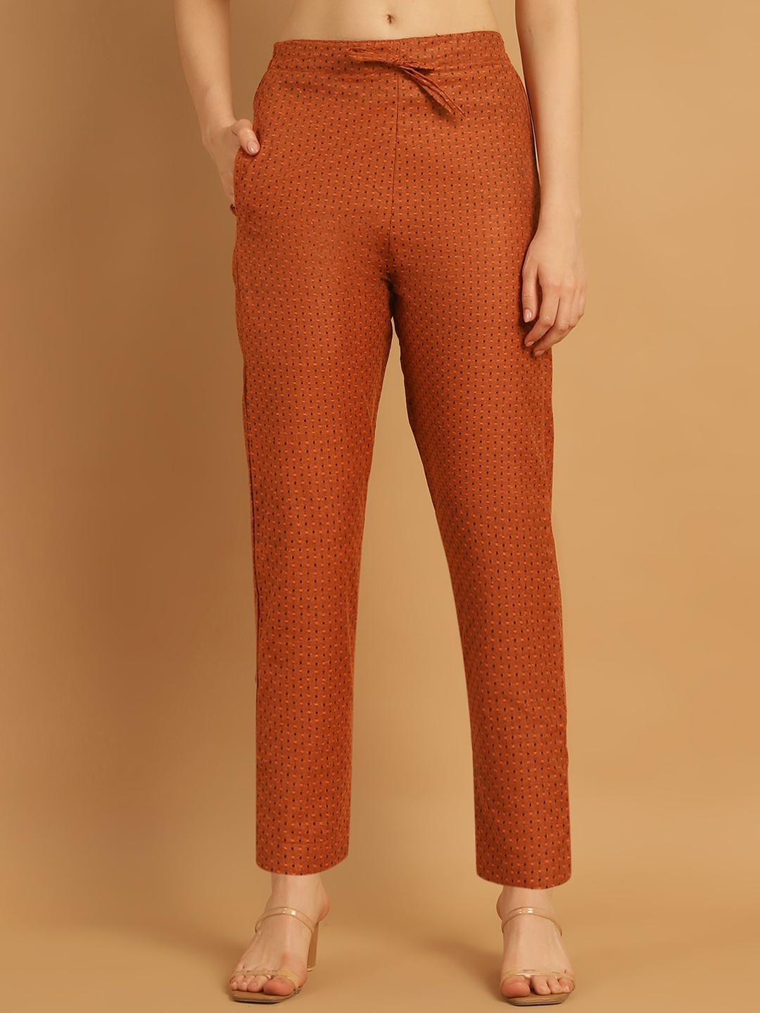 

Enchanted Drapes Women Ethnic Motifs Printed Pure Cotton Trouser, Orange
