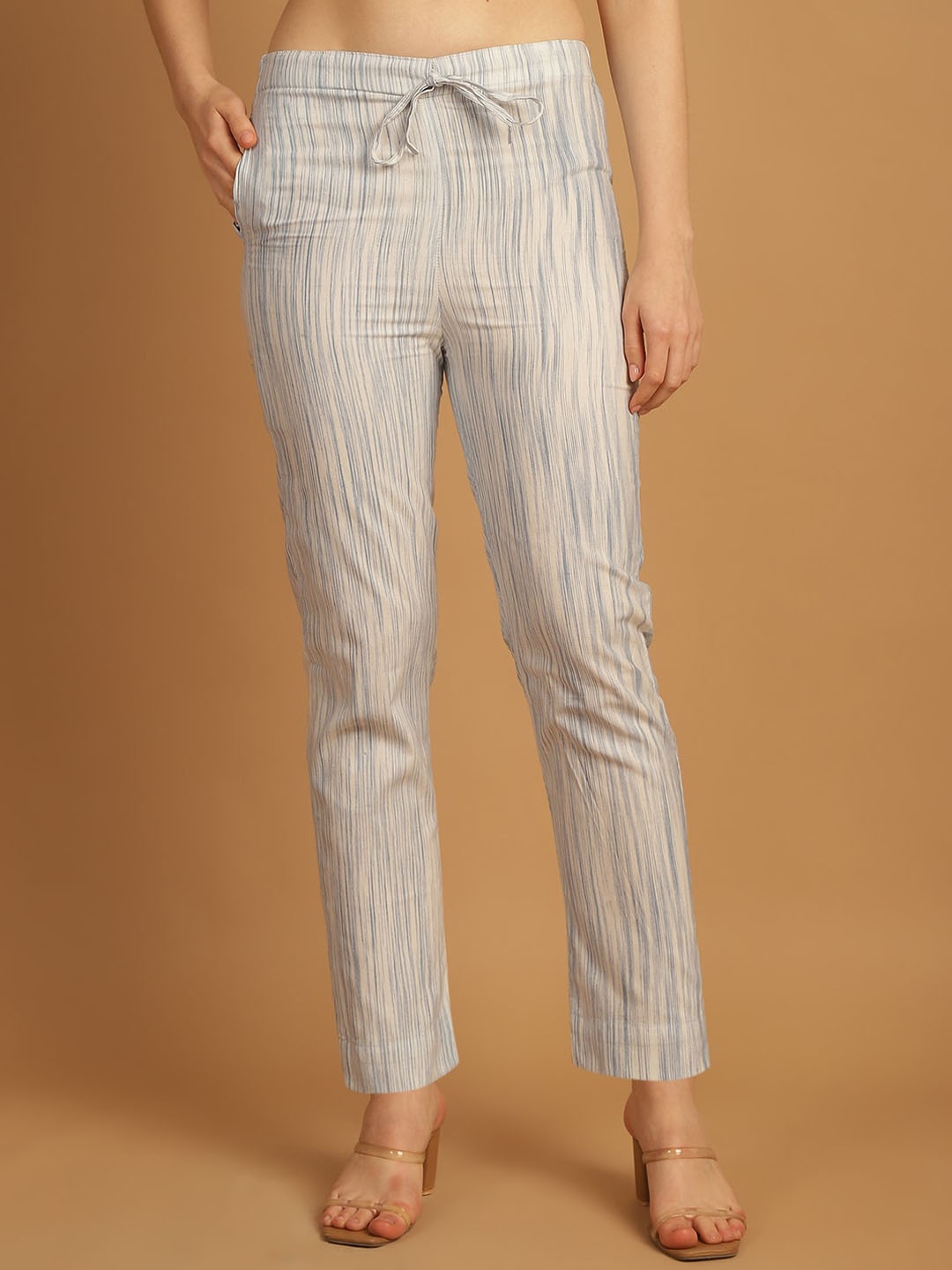

Enchanted Drapes Women Striped Pure Cotton Trouser, Grey