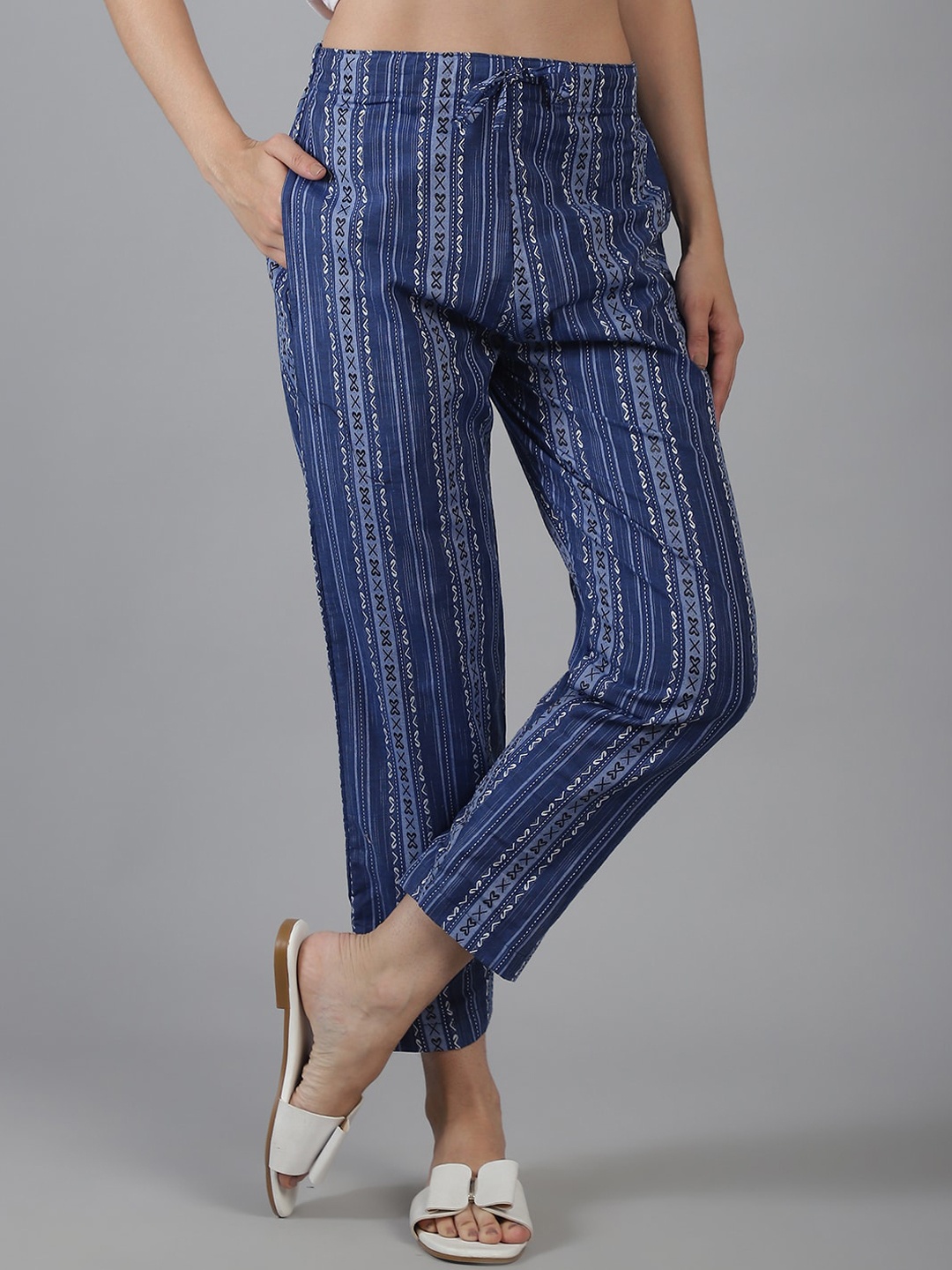 

Enchanted Drapes Women Geometric Striped Mid-Rise Cotton Culottes Trouser, Blue