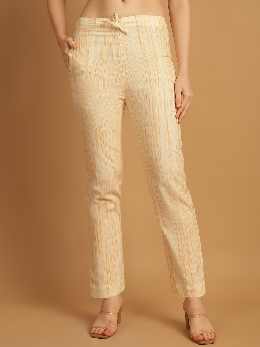 

Enchanted Drapes Women Striped Pure Cotton Trouser, Cream