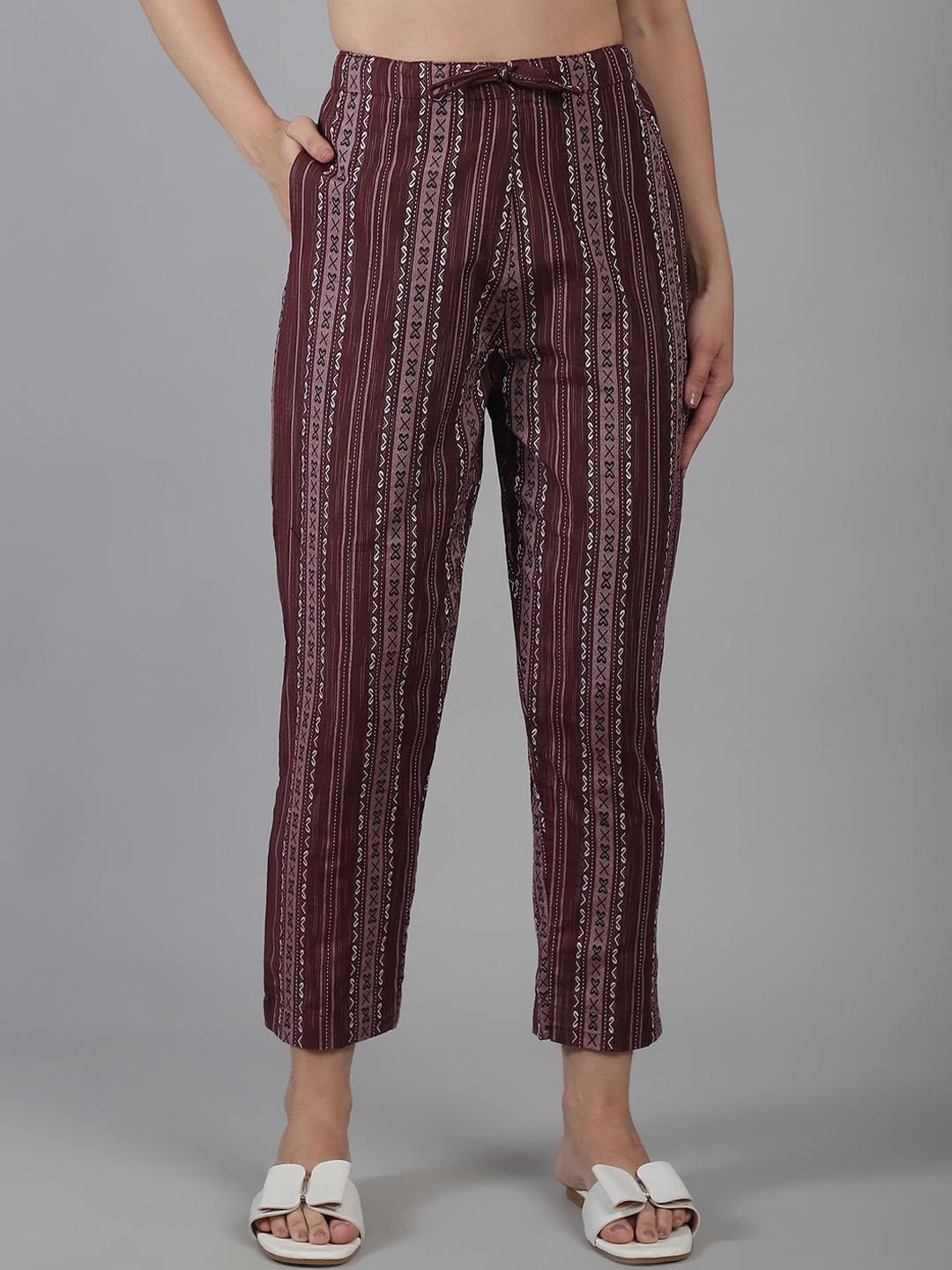 

Enchanted Drapes Women Striped Mid-Rise Plain Three-Fourth Length Cotton Trousers, Burgundy